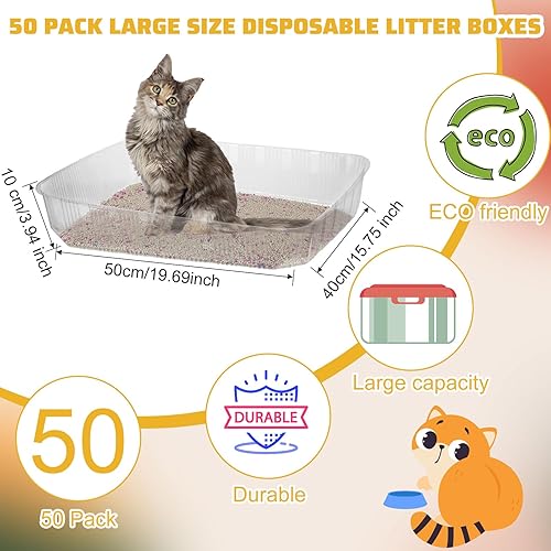 Miniatura 2 de Zubebe Paquete de 50 cajas de arena desechables para gatos, bandeja de arena desechable grande para gatos de 19.69 x 15.75 x 3.94 pulgadas, bandeja