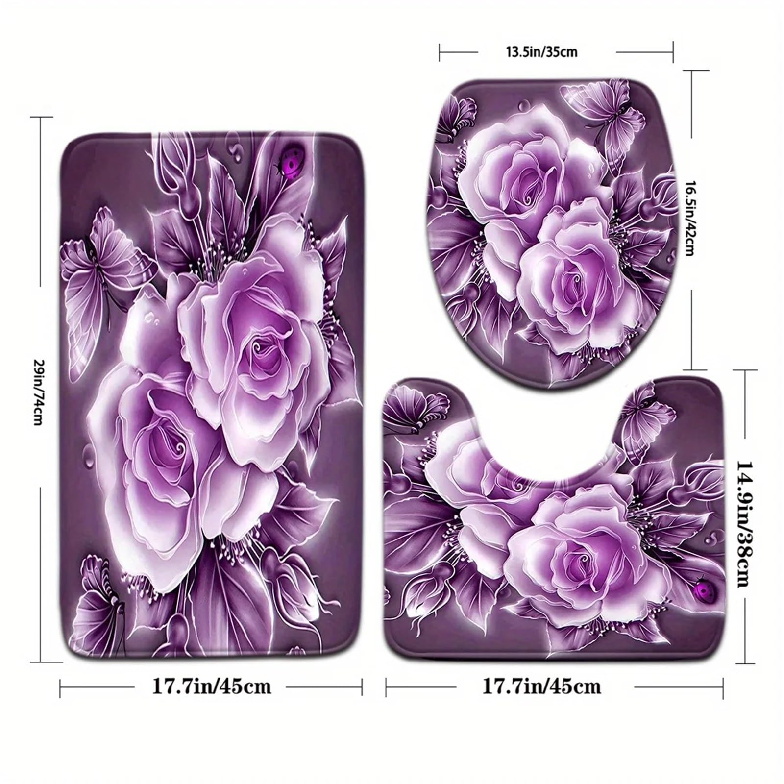 Tapis de Salle de Bain à Fleurs Violettes, Ensemble de 3 Tapis de Maison Doux et antidérapants en Forme de U