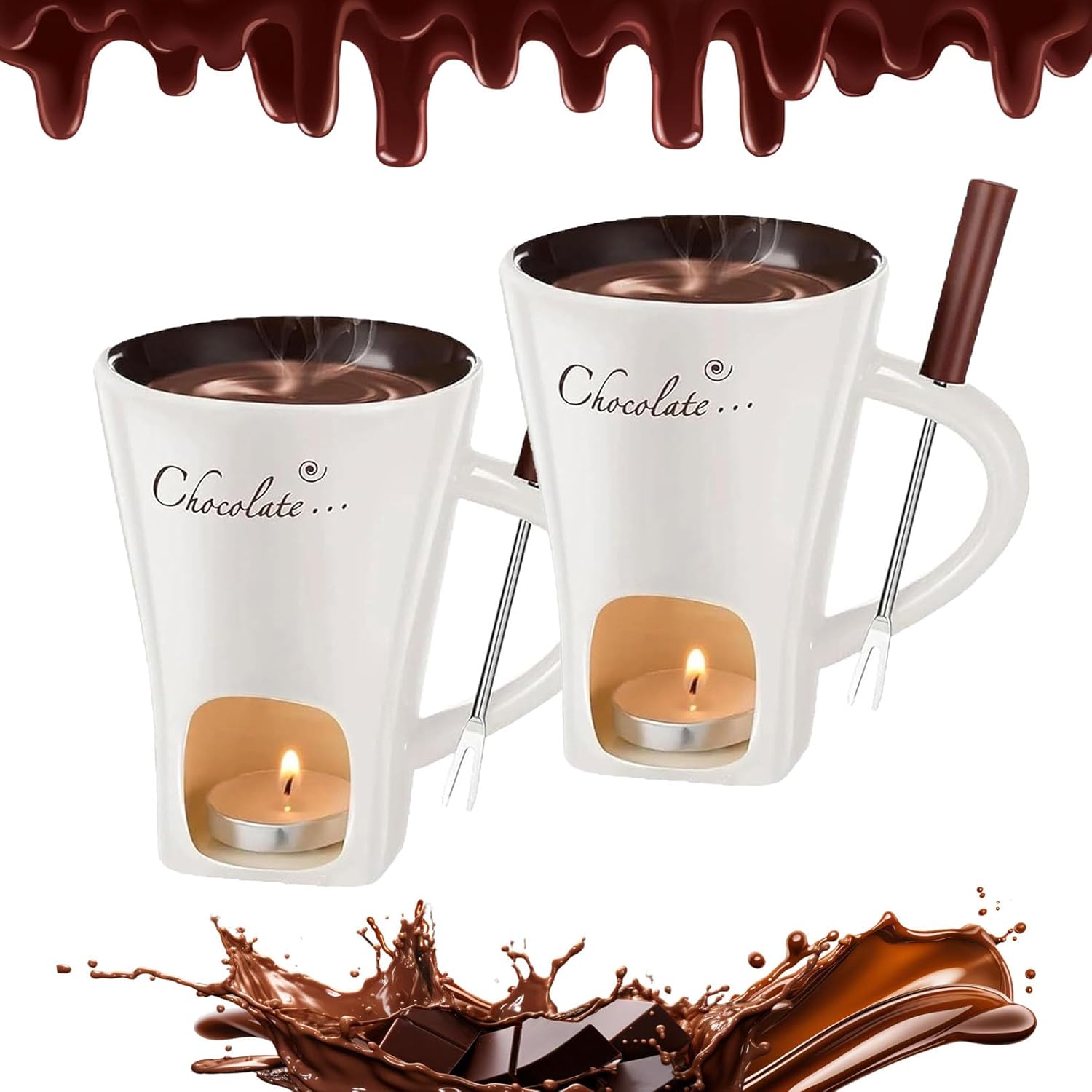 Chocolate Fondue Mug, Mini Ceramic Chocolate Melting Mug with Forks, Candle and Cup Cloth, Fondue Cup for Chocolates Cheese Desserts, Date Night Birthday Wedding Gifts (Mixed,3Pcs)