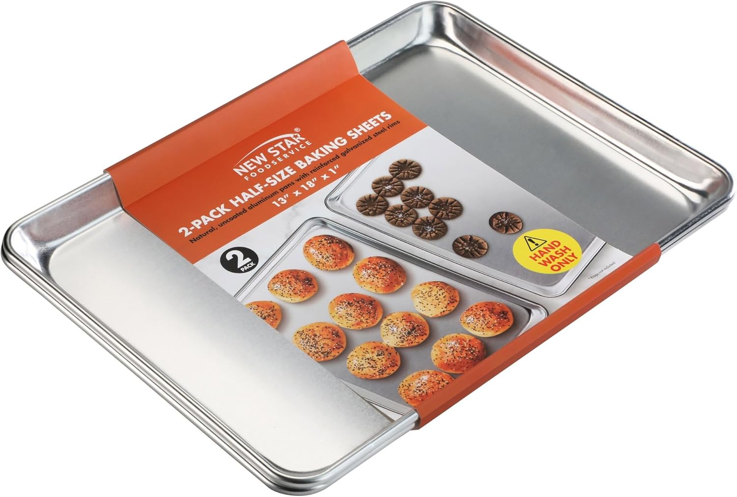 New Star Foodservice Half-Size Aluminum Sheet Pan, 13 x 18 Inch, 1 Inch Deep, Commercial Grade, 2-Pack