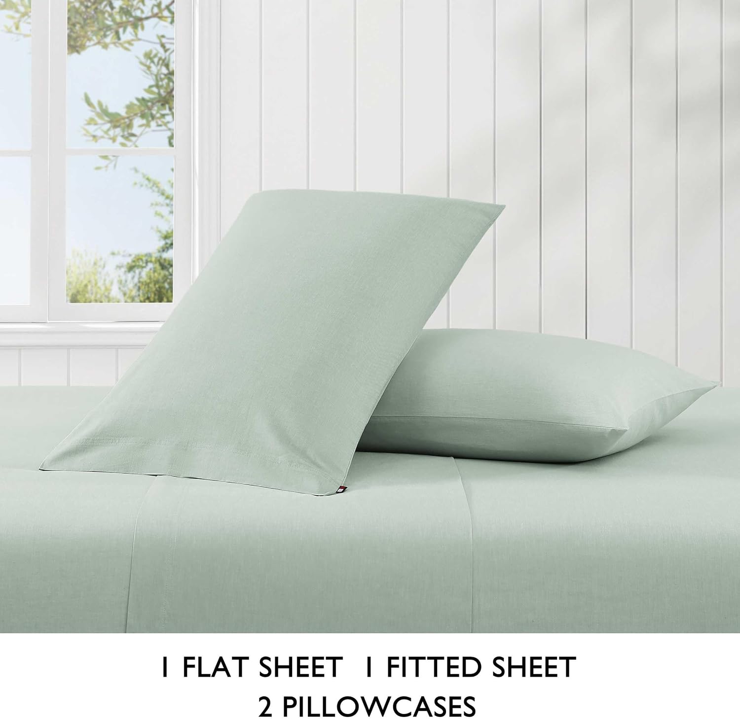 Tommy Hilfiger - Twin Sheet Set, Cotton Chambray Bedding with Matching Pillowcase, Lightweight Weave, Subtle Textured Bed Sheets (Green)
