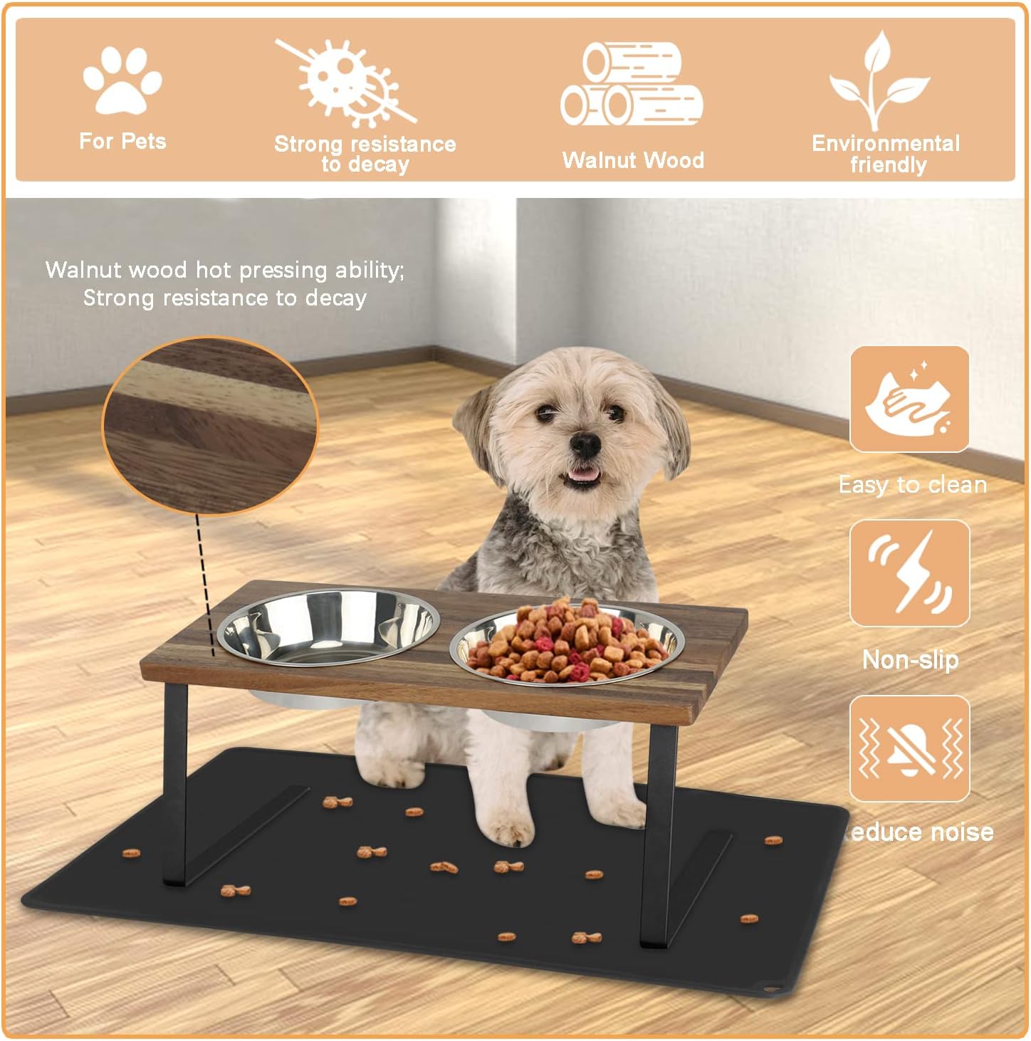 Aivituvin Elevated Dog Bowls, 15°Tilted Raised Cat Food Bowl, Walnut Wood Water Stand Feeder Set for Cats and Puppy, Pet Bowls with Anti Slip Mat(Medium)