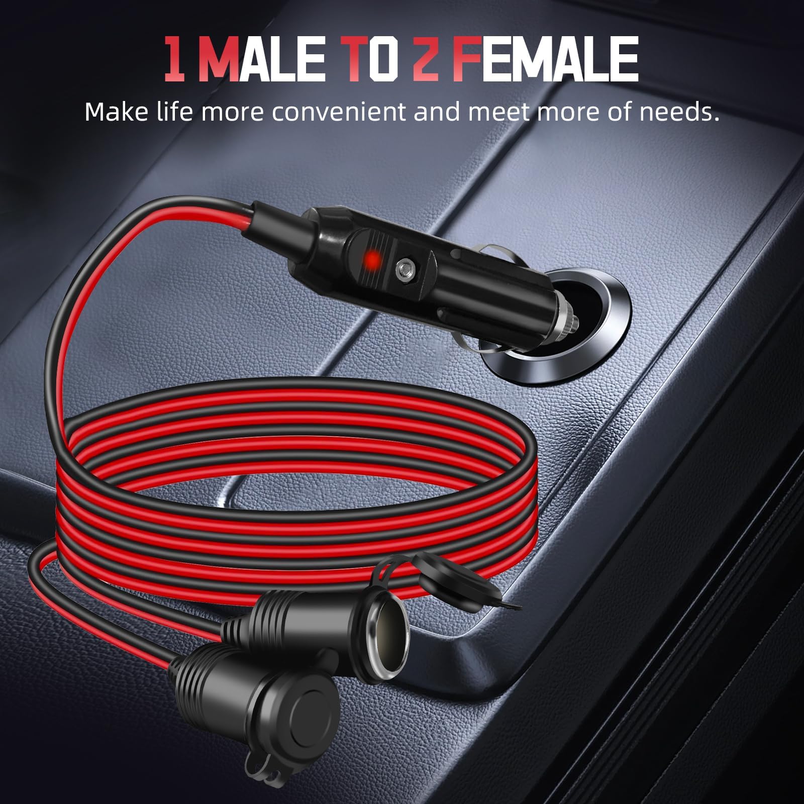 DC 12 V/24 V 1 do 2 rozdzielacz zapalniczki samochodowej, adapter ładowarki samochodowej 396.2 cm 240 W 2-drożny przedłużacz do zapalniczki 16AGW, 1 wtyczka męska do 2 żeńskich portów przedłużających