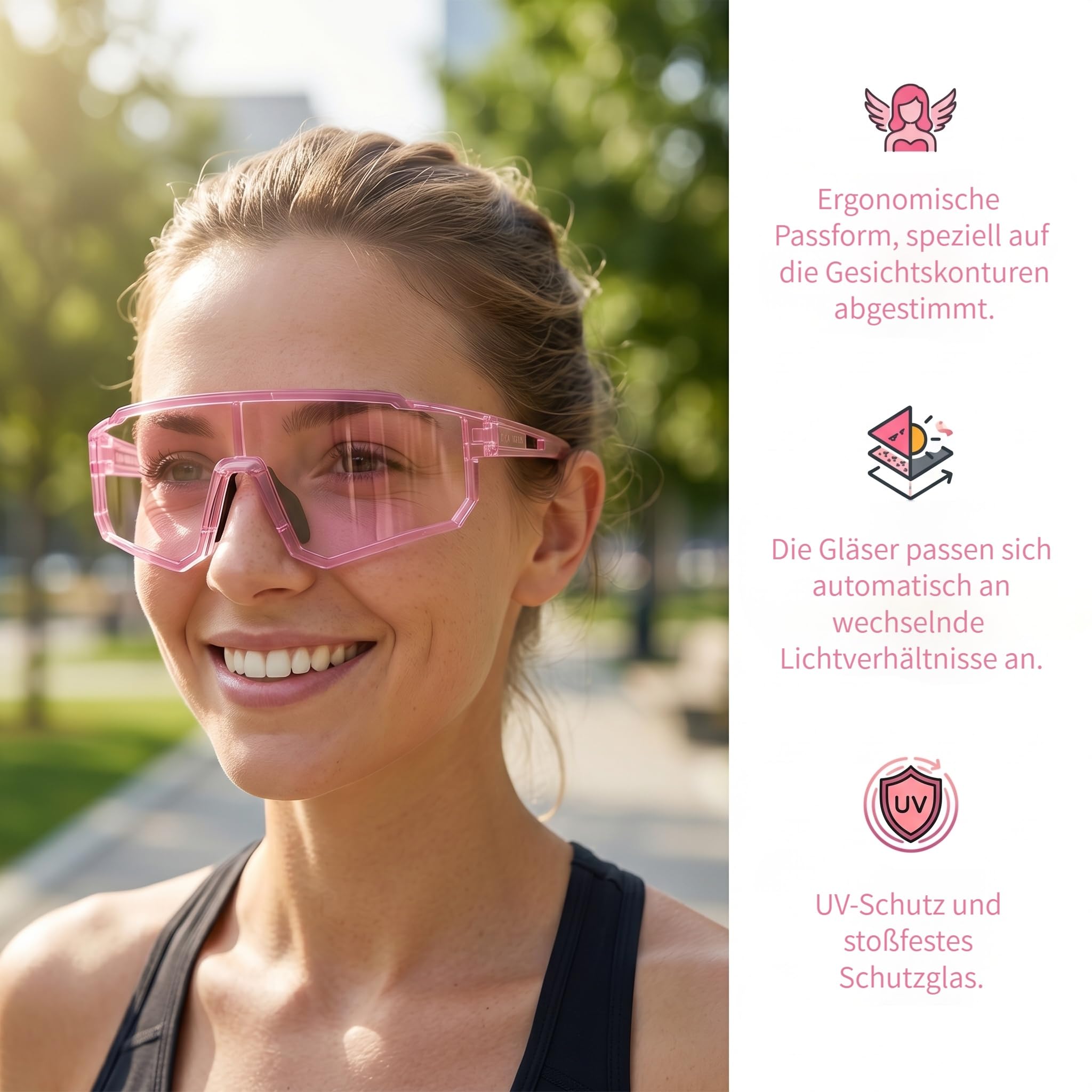 Generisch Rosa Selbsttönend Fahrradbrille, Photochromatische UV400, Fahrradbrille Herren, Schnelle Brille Damen, Sportsonnenbrille Radsport Radfahren für Radfahren Laufen Baseball Mtb
