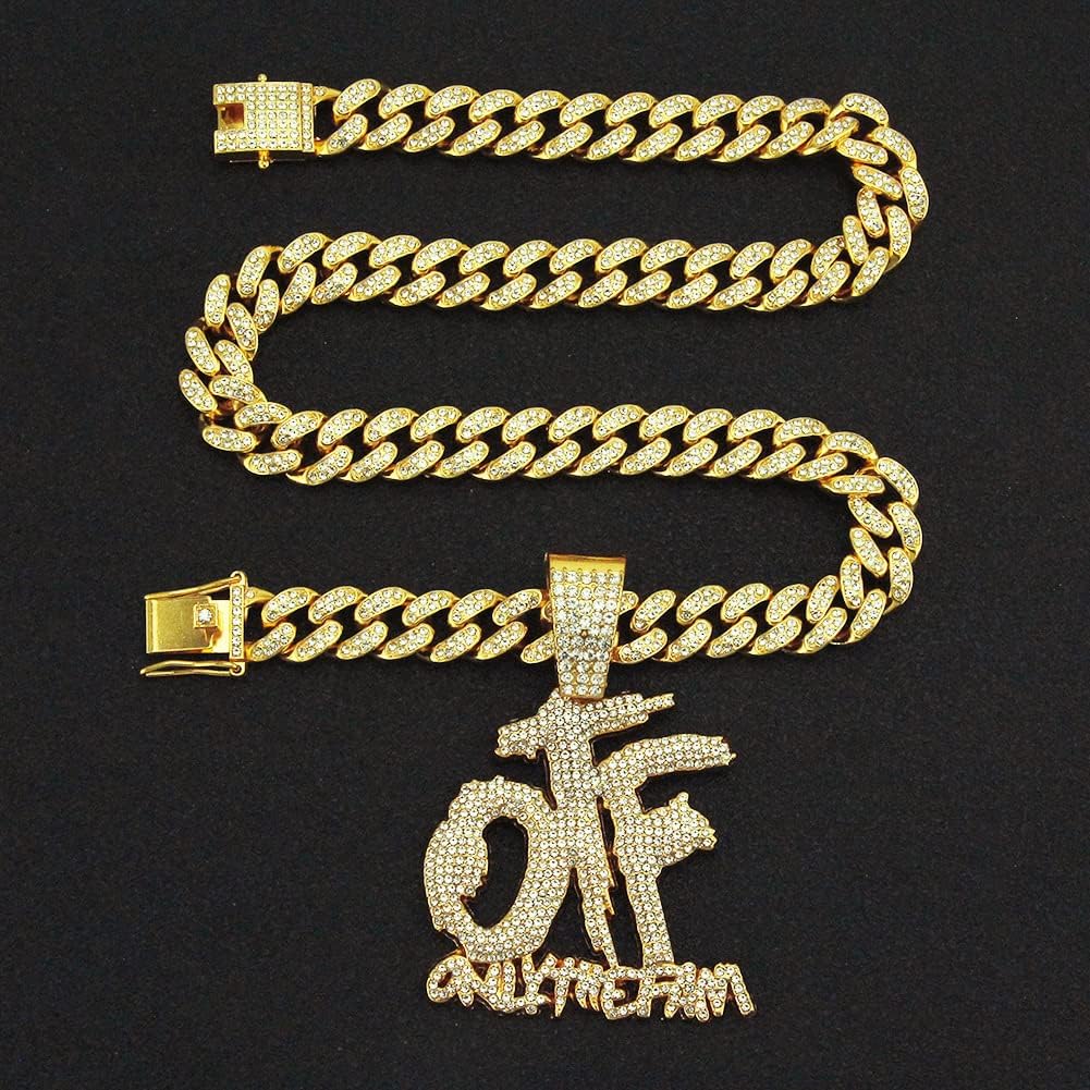Hip Hop Diamond OTF Letter Pendant Necklace, Cuban Chain, Zinc Alloy, 20 inches