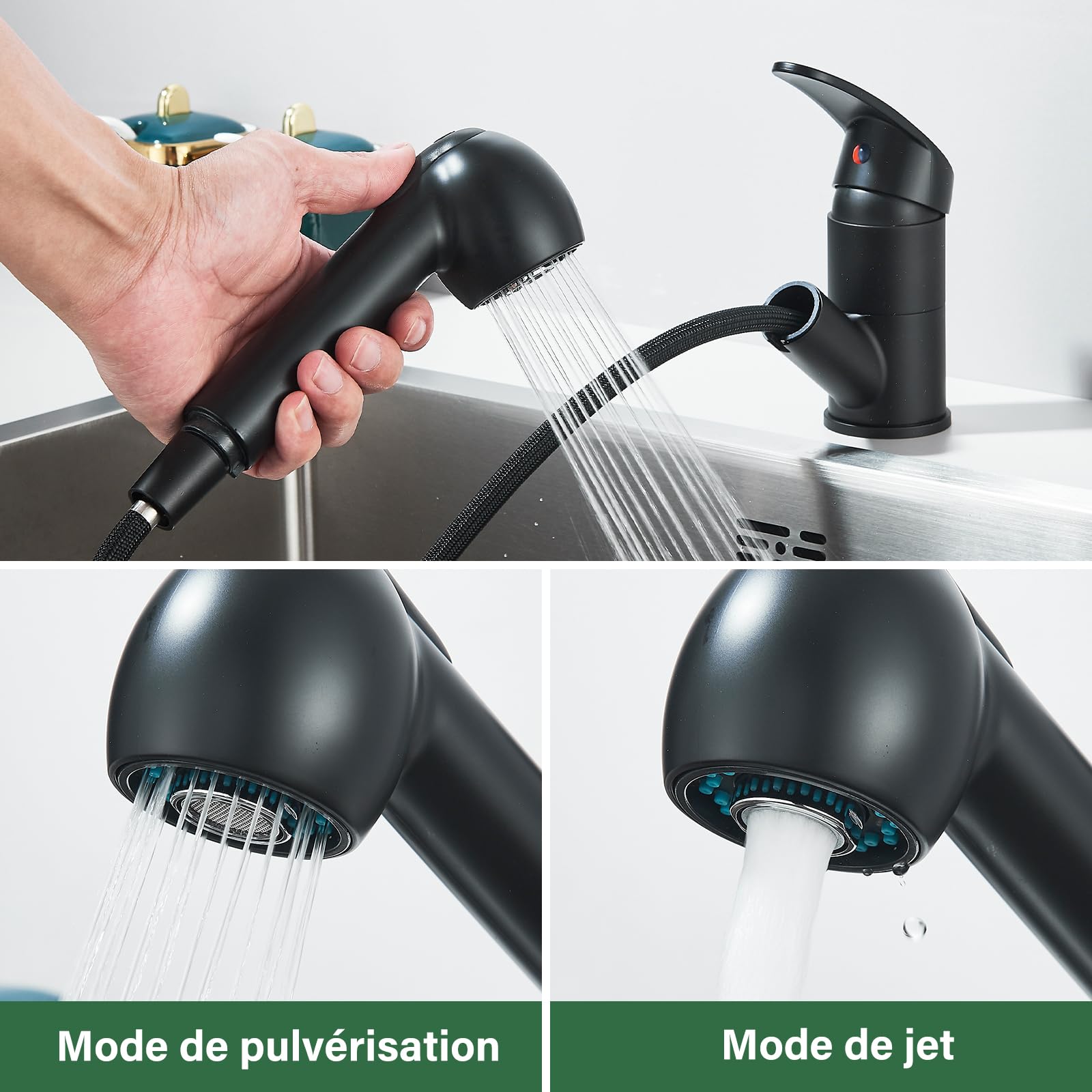 Robinet Cuisine Noir,Mitigeur Cuisine avec Douchette Monocommande,Robinet Pivotant À 360° pour 1 Trou,2 Modes de Pulvérisation