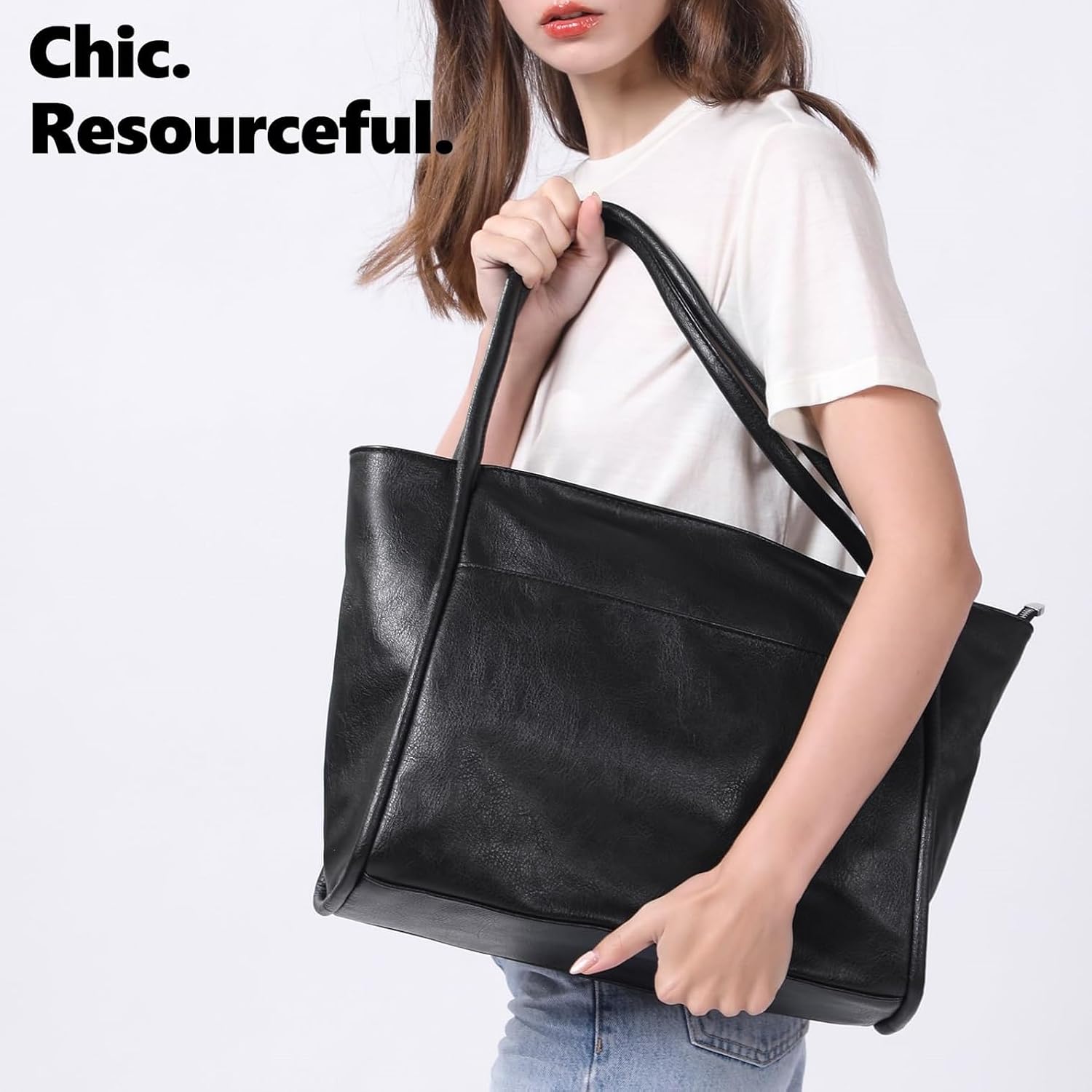 Large Tote Bag for Women Work with Zipper 16L Vegan Leather Ladies Travel Purses and Handbags