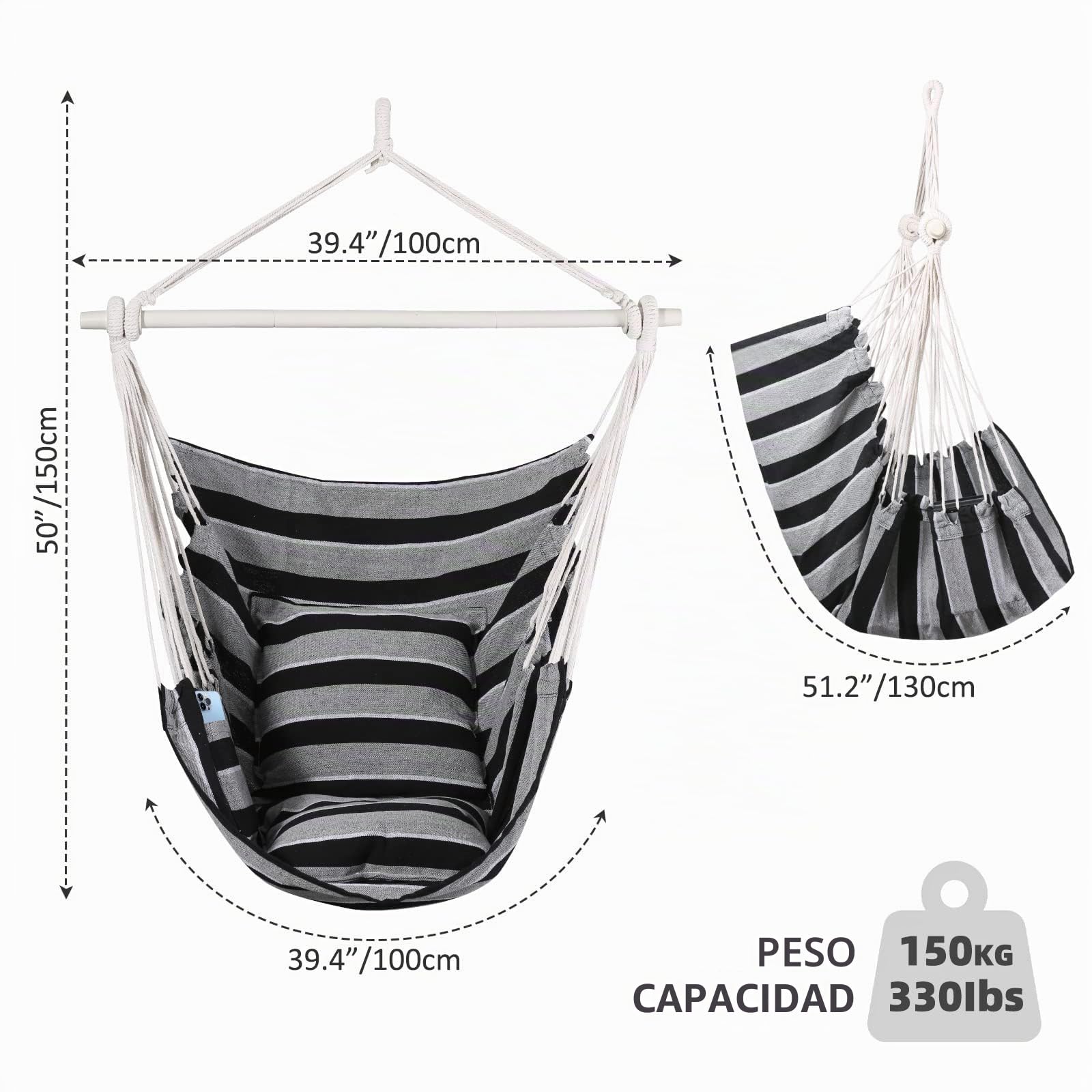 Goutime Silla Columpio Silla de Hamaca Grande de algodón Suave con Dos Cojines Almohada con Bolso Interior/Exterior/Dormitorio/balcón/Hamaca Asiento Jardin,Soporta hasta 330 LB (Negro grisáceo)