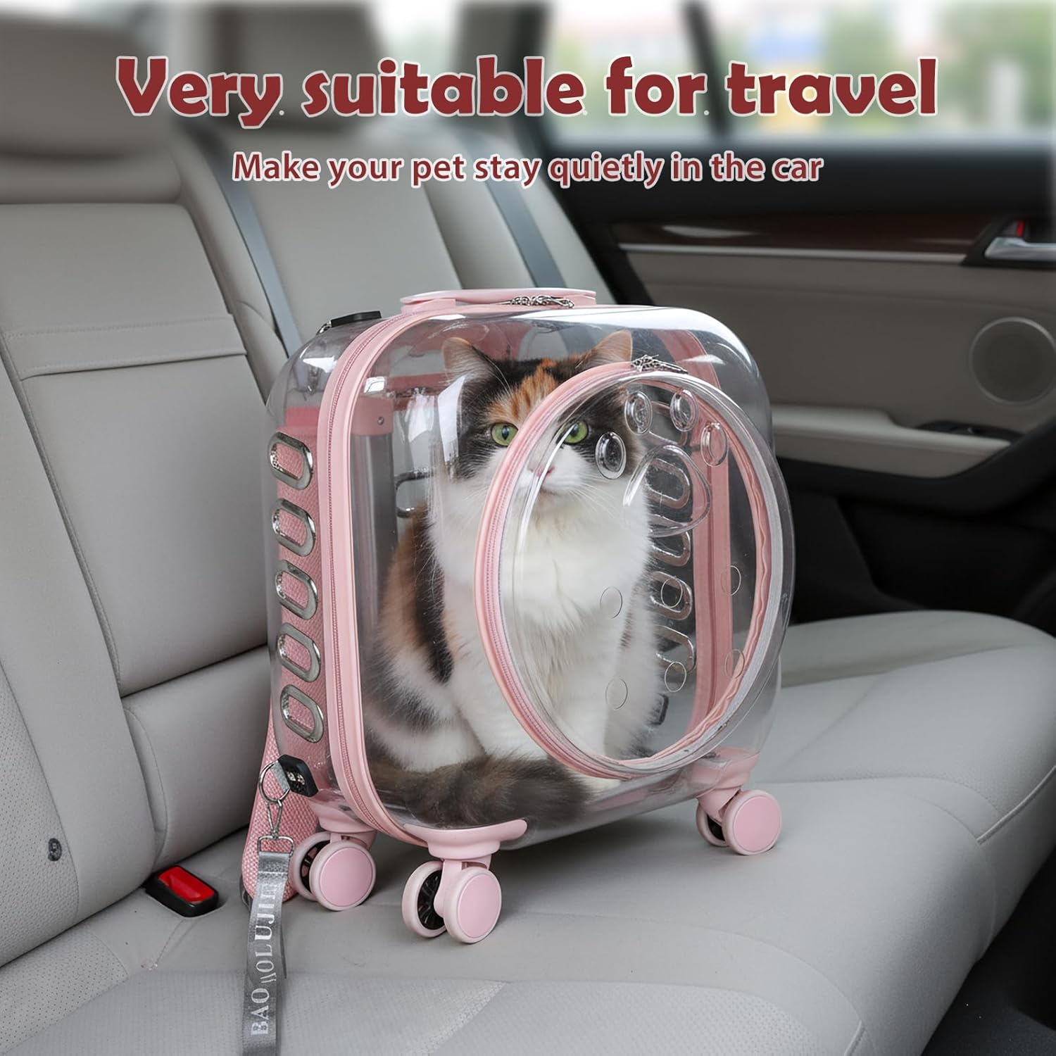 Cat Carrier with Wheels, Rolling Hard Shell Pet Carrier for Travel, Transparent Small Cat Carrier with Detachable Strap & Telescopic Handle, Pink