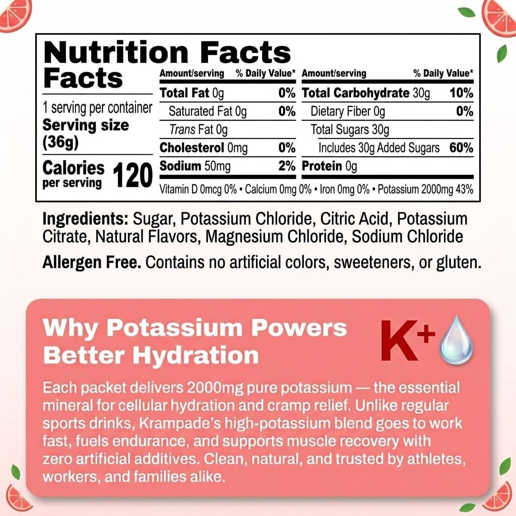 Krampade High Potassium Electrolytes Powder Fruit Punch, 3950mg Electrolytes, 2000mg Potassium, 50mg Magnesium, Cramp Relief & Prevention, Cellular Hydration, Better Endurance & Recovery, 20 Packets