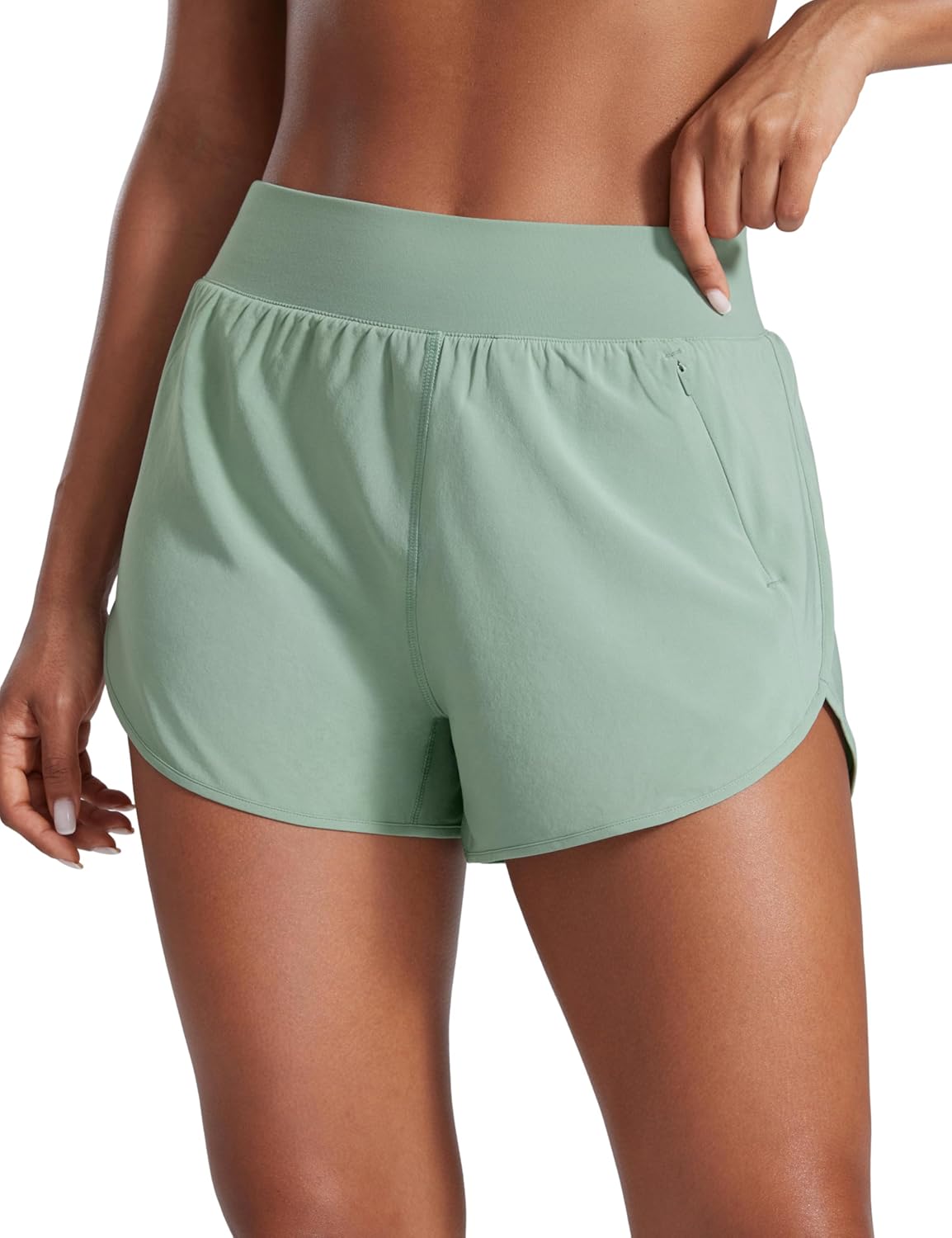 CRZ YOGA Dolphin Flat Waist Athletic Shorts for Women 3" - High Rise Quick Dry for Running Workout Gym Track with Zip Pockets