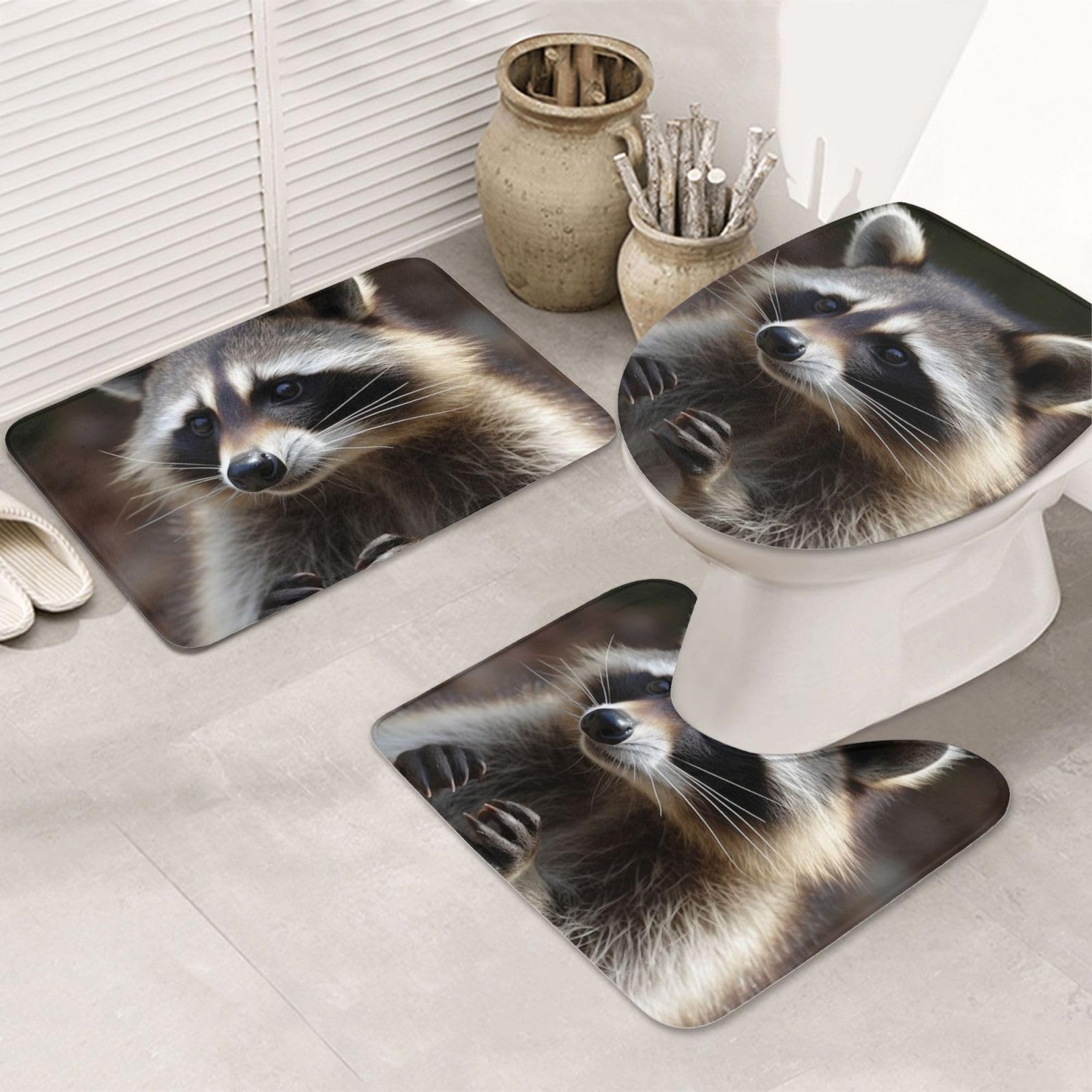 Tapis de salle de bain 3 pièces microfibre motif raton laveur et contour U