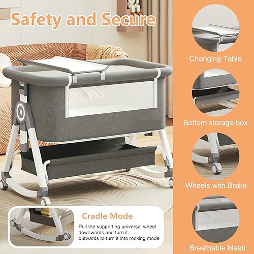 Miniatura 4 de Cuna de bebé 4 en 1, cuna mecedora con cómodo colchón y ruedas, 6 alturas ajustables y fáciles de plegar, cuna portátil para recién nacidos