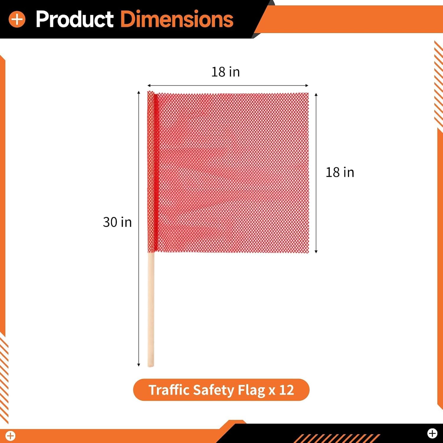 Set of 12 Oversized Load Warning Flags, 18 X 18 Inch Fluorescent Orange PVC Mesh, Wooden Poles for Trucks, Road Work, Traffic Control, and Event Safety