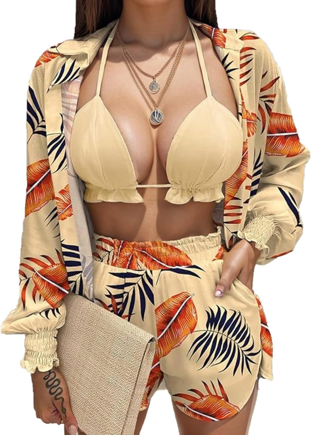 UOUA 3 Piece Swimsuits for Women Hawaiian Outfits Floral Tropical Bikini & Short Sets Summer Beach Sexy Cover Ups Luau Party