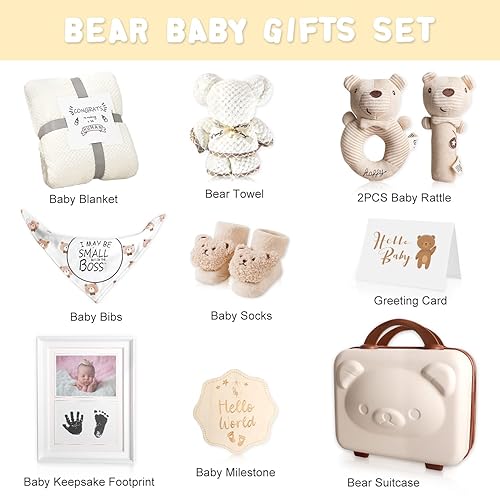 Miniatura 2 de Juego de regalo para bebé, regalos de baby shower para niñas y niños, cesta de regalo de oso para bebé, incluye manta de sonajero para recién