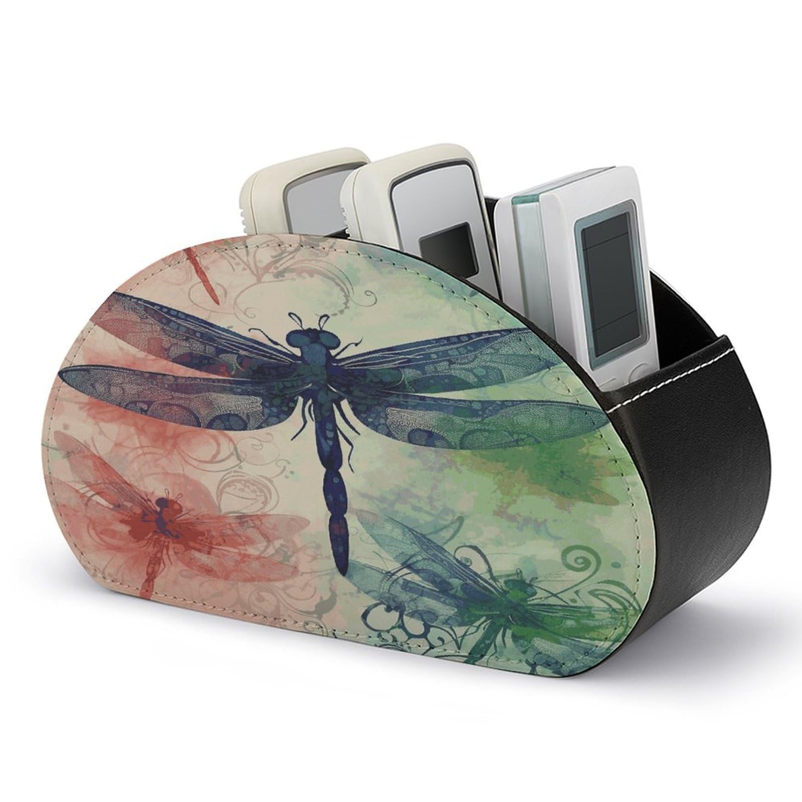 JTREHY Modern Dragonfly Remote Control Holder 5 Compartments Remote Caddy Tray PU Leather TV Remoter Storage Box Bedside Table Storage Organizer Office Desk Storage Case