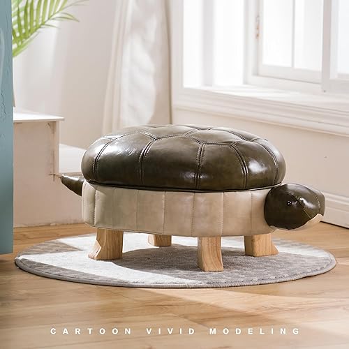 Miniatura 7 de Reposapiés otomano tapizado de animales, puf de cuero otomano tapizado con tortuga, taburete de madera para sala de estar, dormitorio, sofá, banco y