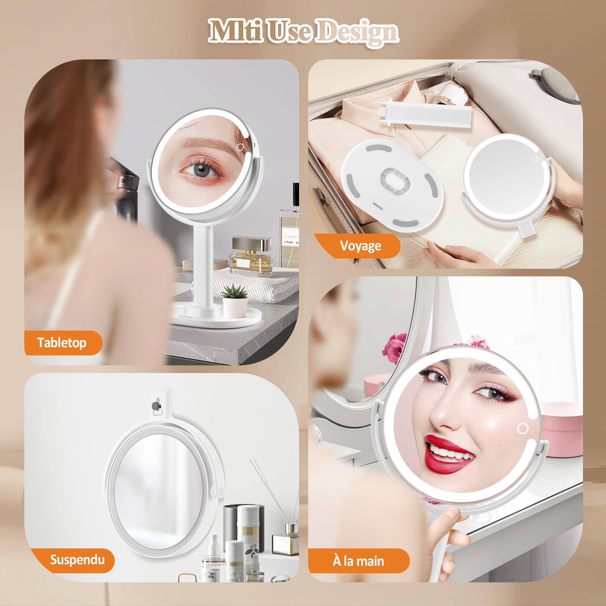 MOMOKUBA Miroir Grossissant Lumineux X 20, Miroir Grossissant sur Pied 8", miroirs Maquillage Lumineux sur Pied Double Face 3 Couleurs 64 LED, Rechargeable Rotation 360°