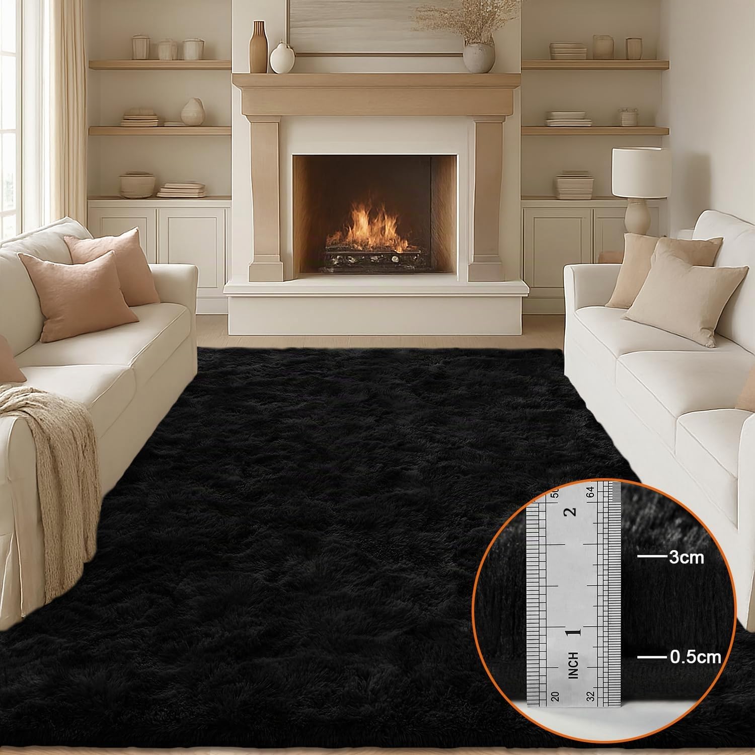 Hochflor Wohnzimmer Teppich, Flauschig Waschbar rutschfest Moderne Teppiche Groß für Schlafzimmer Büro Esszimmer Kinderzimmer Spielzimmer, 160x230 cm, Schwarz