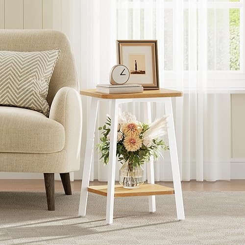 Miniatura 6 de Mesa auxiliar, pequeña mesa auxiliar rectangular con estante de almacenamiento, mesita de noche de 2 niveles, mesa de sofá, mesita de noche para