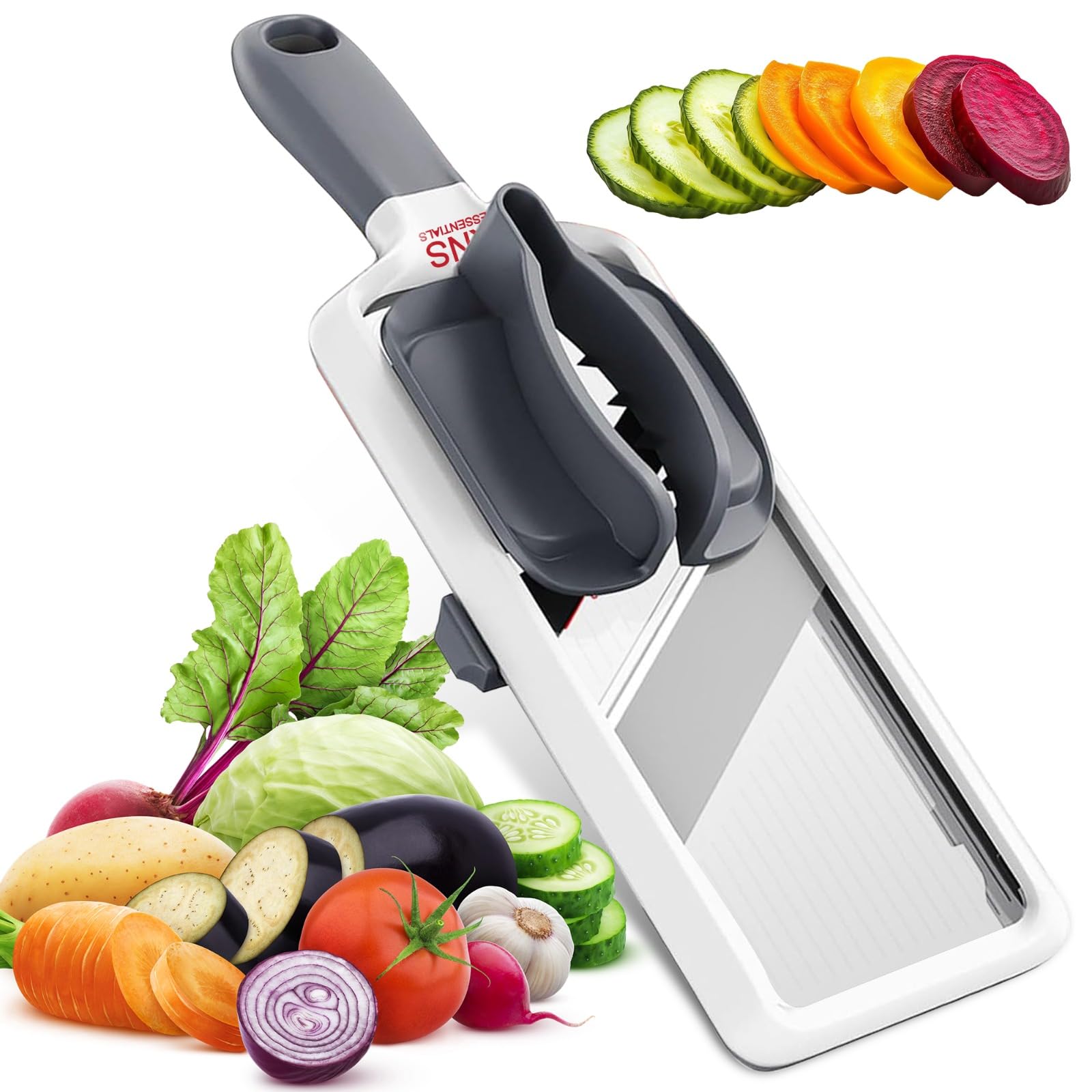 Mandoline pour cuisine - Lames réglables en acier inoxydable avec prise en main confortable - Trancheuse de légumes pour concombre, oignon, pomme de terre de petite et moyenne taille - Gris