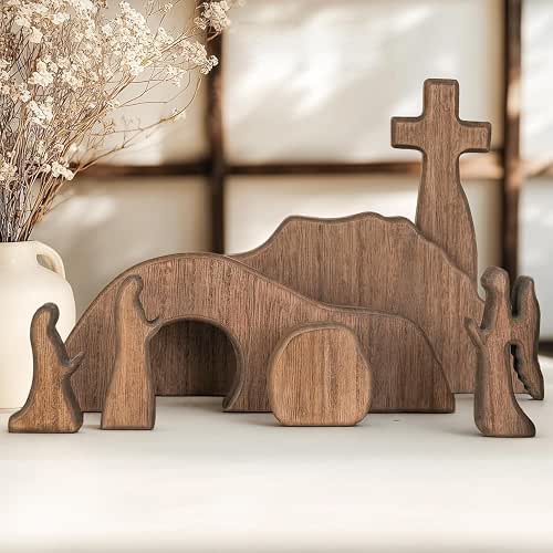 NEROSUN Empty Tomb Easter Scene and Cross Decoration, Wooden Jesus