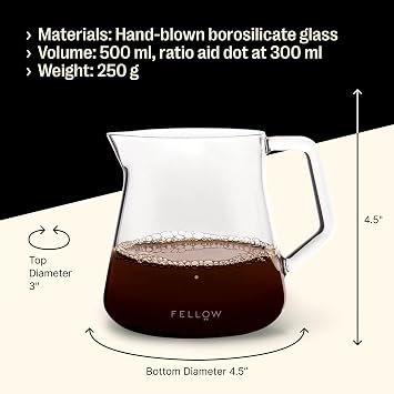 Fellow Mighty Small Glass Carafe - Manual Pour Over Coffee Beaker and Tea Steeper, Borosilicate Glass Decanter, 16.9 oz Clear Container