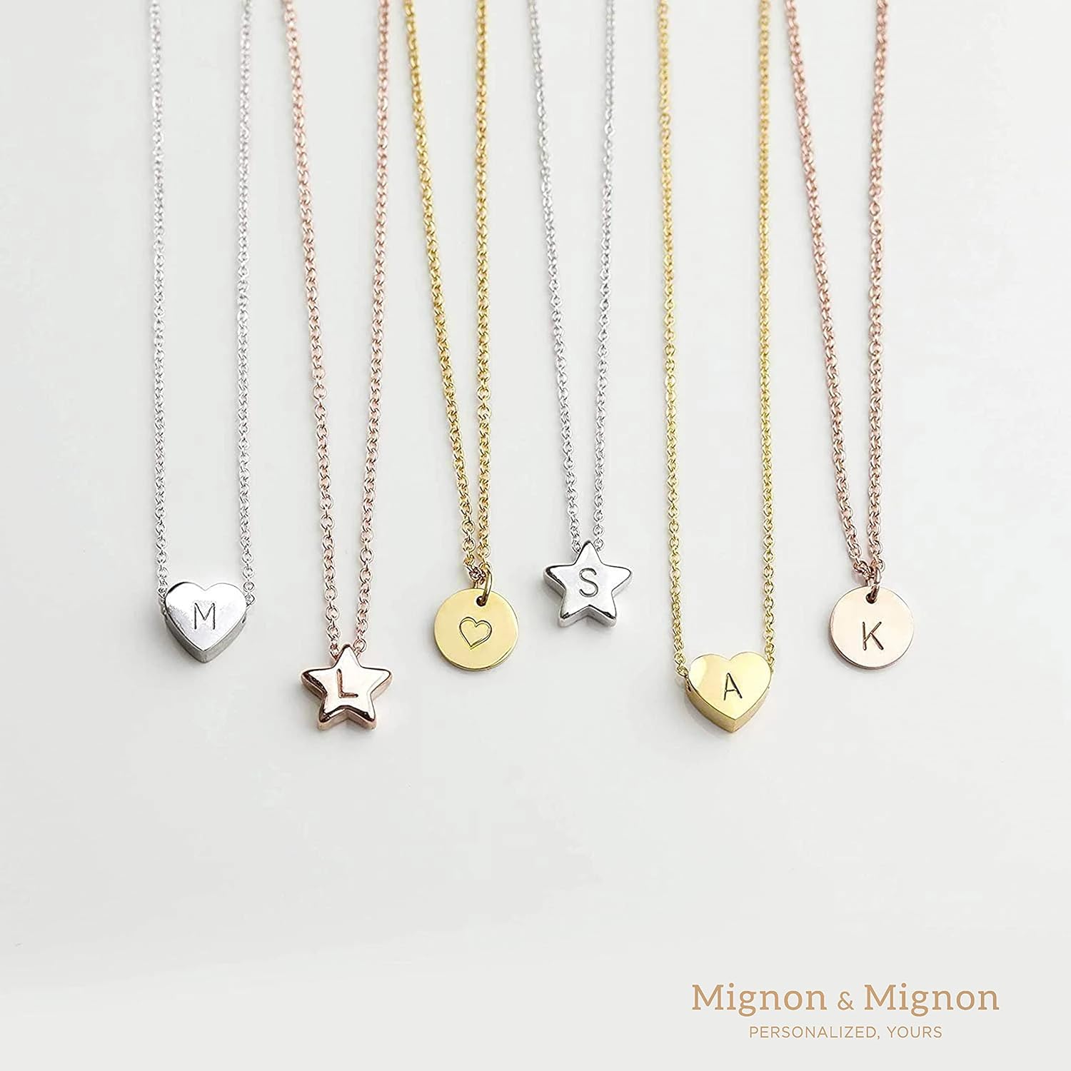 MignonandMignon HEART STAR DISC Necklace Personalized Kids Initial Jewelry Holiday Gift Flower Girl Dainty Monogram Charm Gold Your Name for Her - HTS