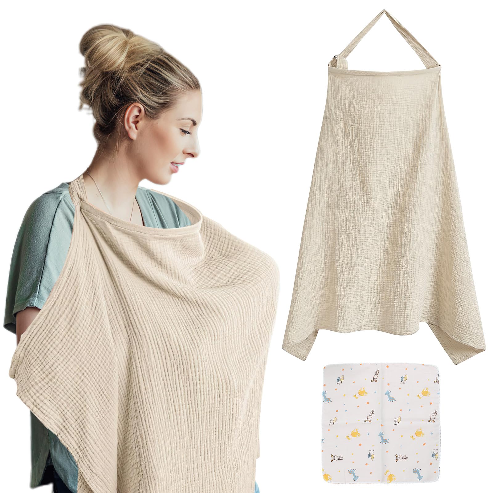 VEGCOO Couverture Allaitement Bébé, Couvertures d'allaitement, Tablier Allaitement Bebe et Serviette de Salive, Cache Allaitement Écharpe pour Mamans, Coton Douce Respirante Ajustable (couleur avoine)