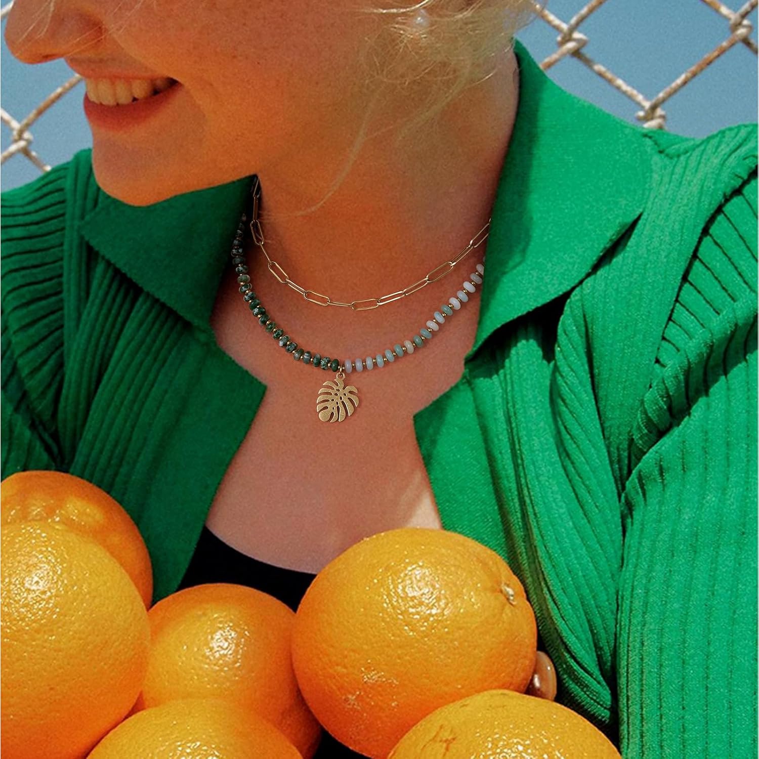 KissYan Beaded Necklaces for Women, 14k Gold Plated Layered Pendant Necklace with Link Chain, Boho Natural Gemstone Choker Summer Beach Jewelry - Image 3