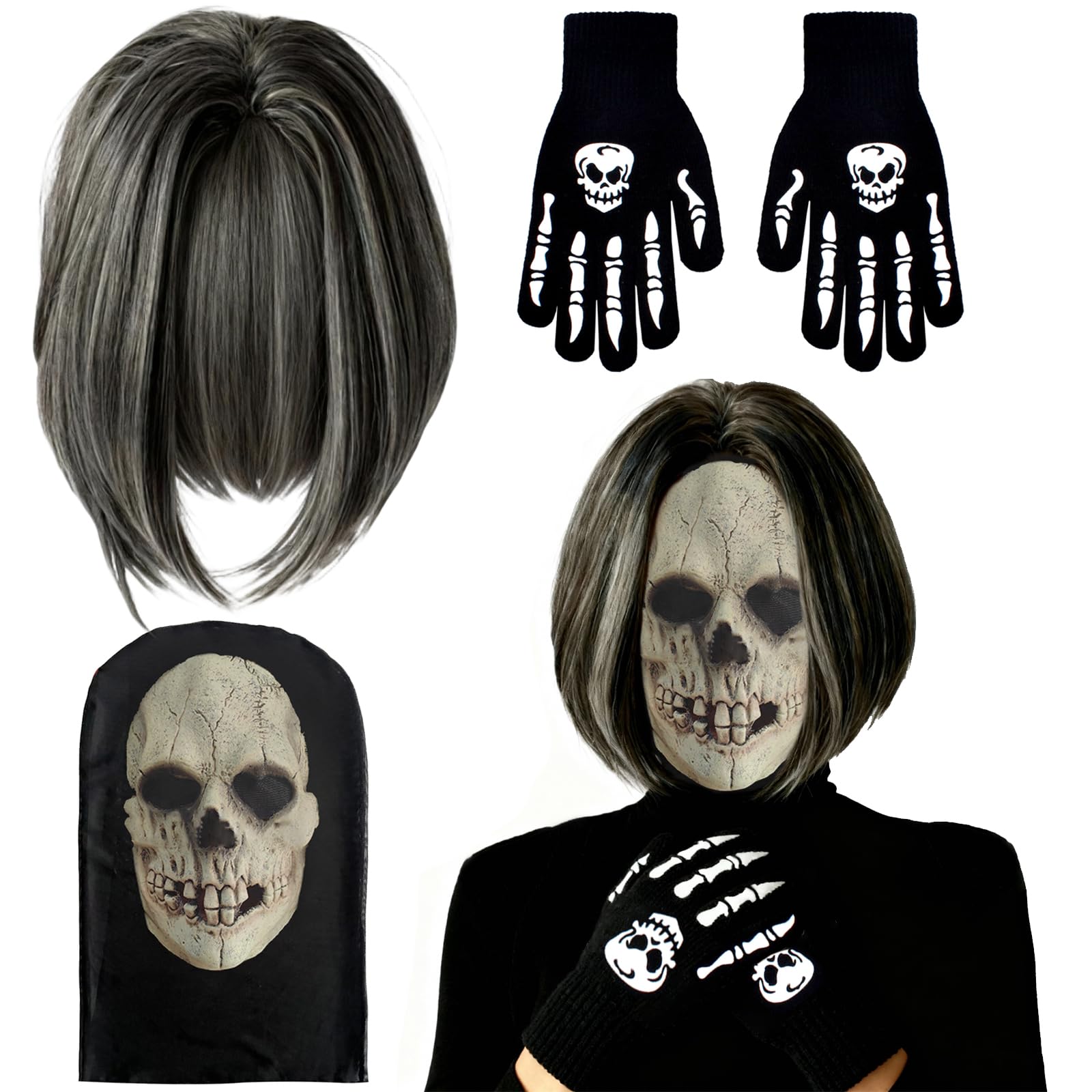 Vspek Halloween Facemask, Short Grey Wig for Women Skeleton Gloves Glow in The Dark