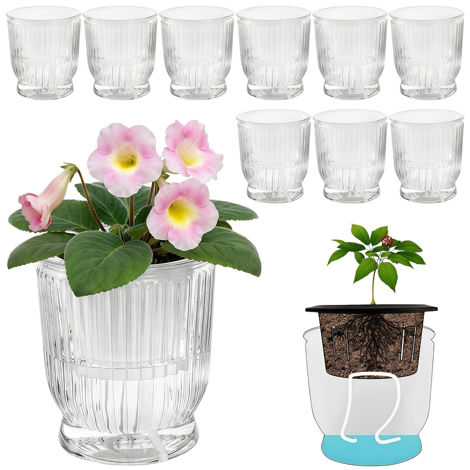 ZOOFOX 10 Pack Self Watering Pots, 4 Inch Small Plant Pots for Indoor Plants, Stripe Plastic Flower Pots for All House Plants, Herbs, Aloe, African