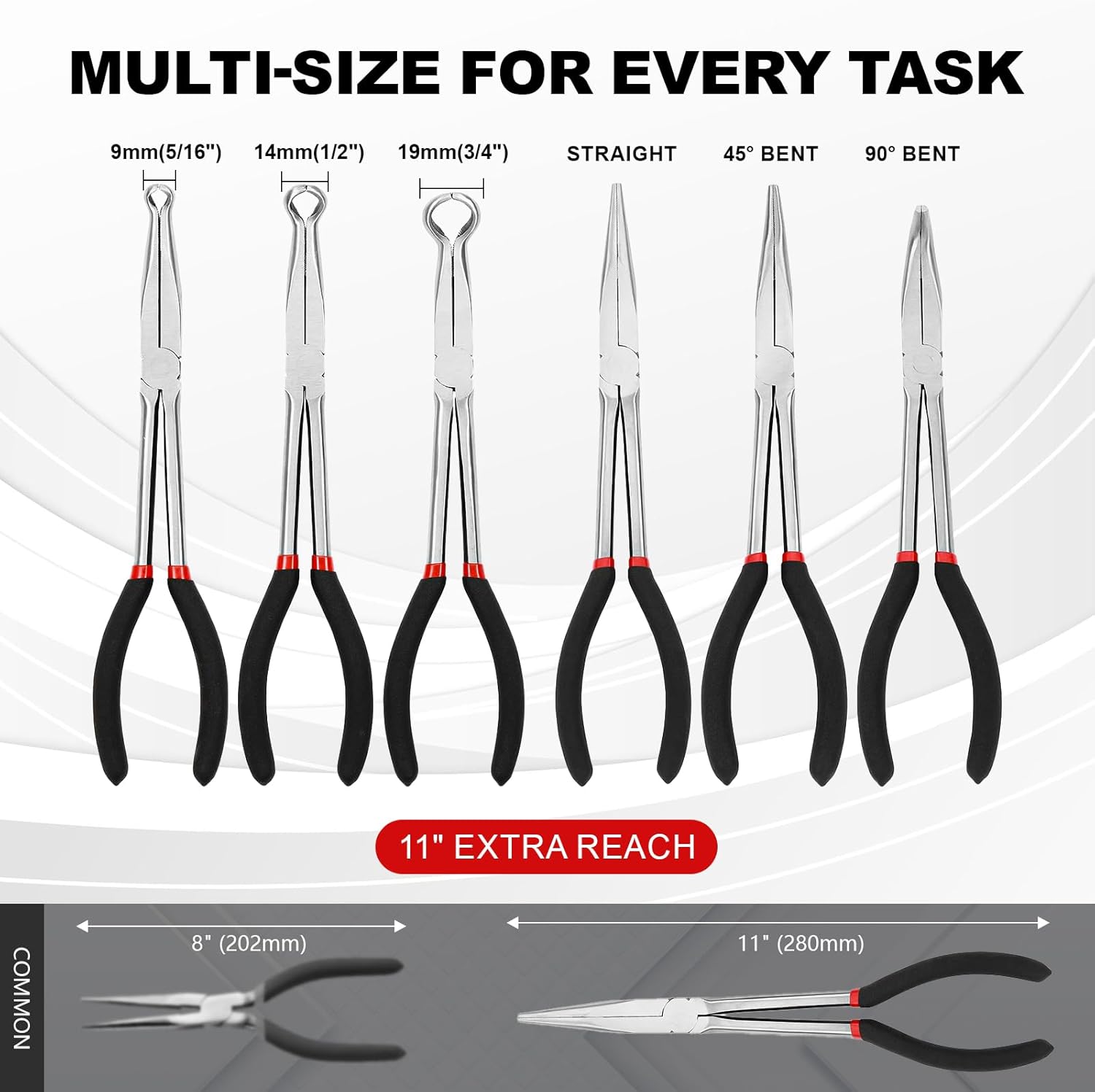 11" Extended Needle Nose Pliers Set, 6-Piece Hose Grip Pliers with Bent & Straight Jaws, Carbon Steel for Tight Spaces