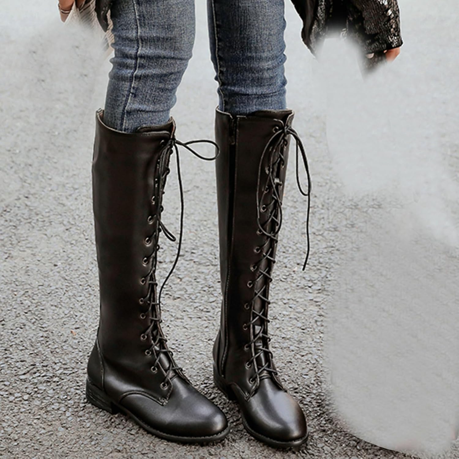 LUXMAX Women Lace Up Knee High Combat Boots Low Chunky Heel Knee Length Boots Closed Toe Tie Up Boots,Flats Knee High Boots