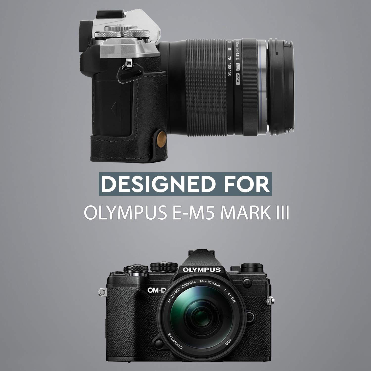 MegaGear Ever Ready - Mezza custodia in vera pelle per fotocamera compatibile con Olympus OM-D E-M5 Mark III