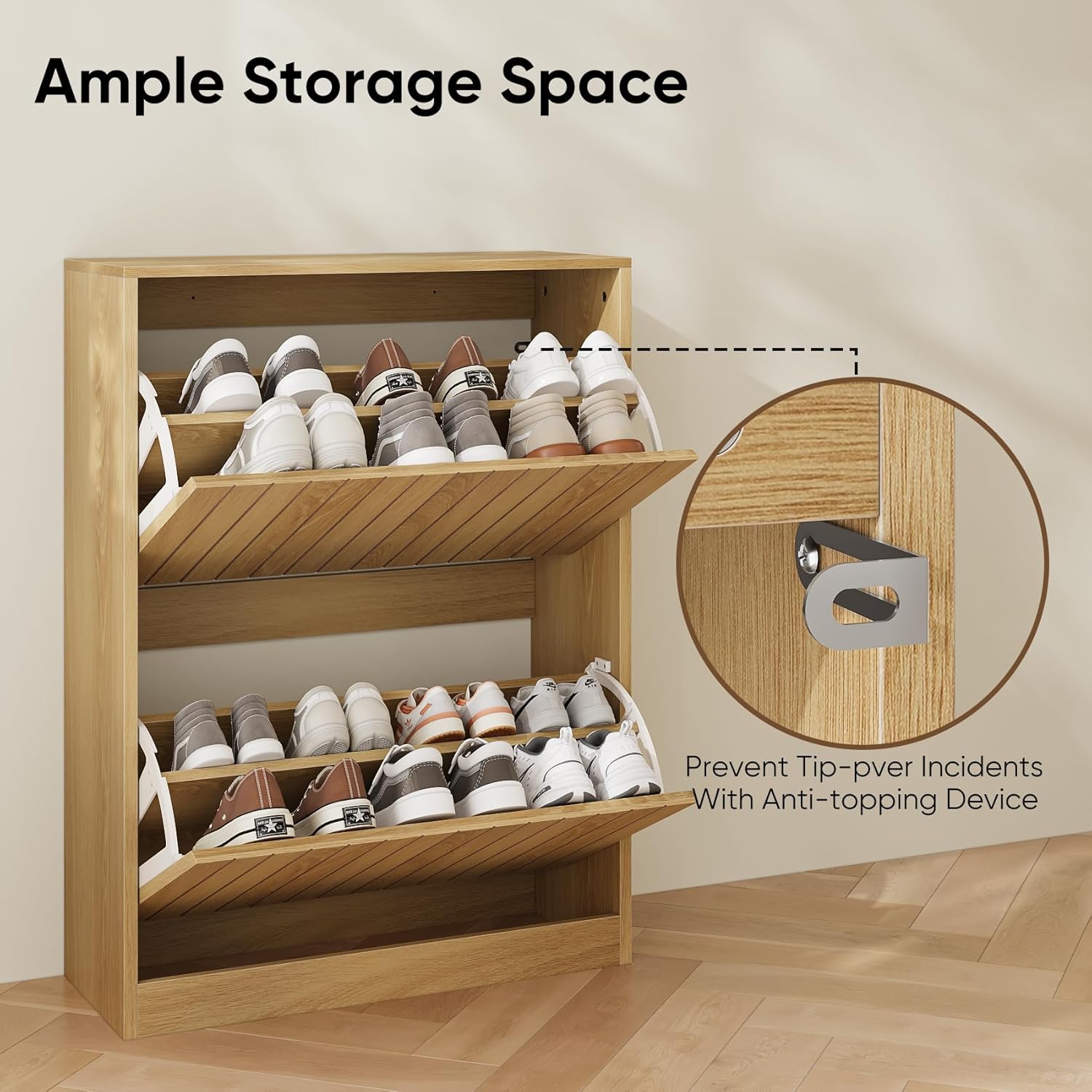 Shoe Storage Cabinet with Vertical Groove Doors 2 Flip Drawers, Narrow Shoe Cabinet Storage for Entryway, Freestanding Shoe Organizer Cabinet, Slim Shoe Rack Cabinet (Natural Oak Grain)