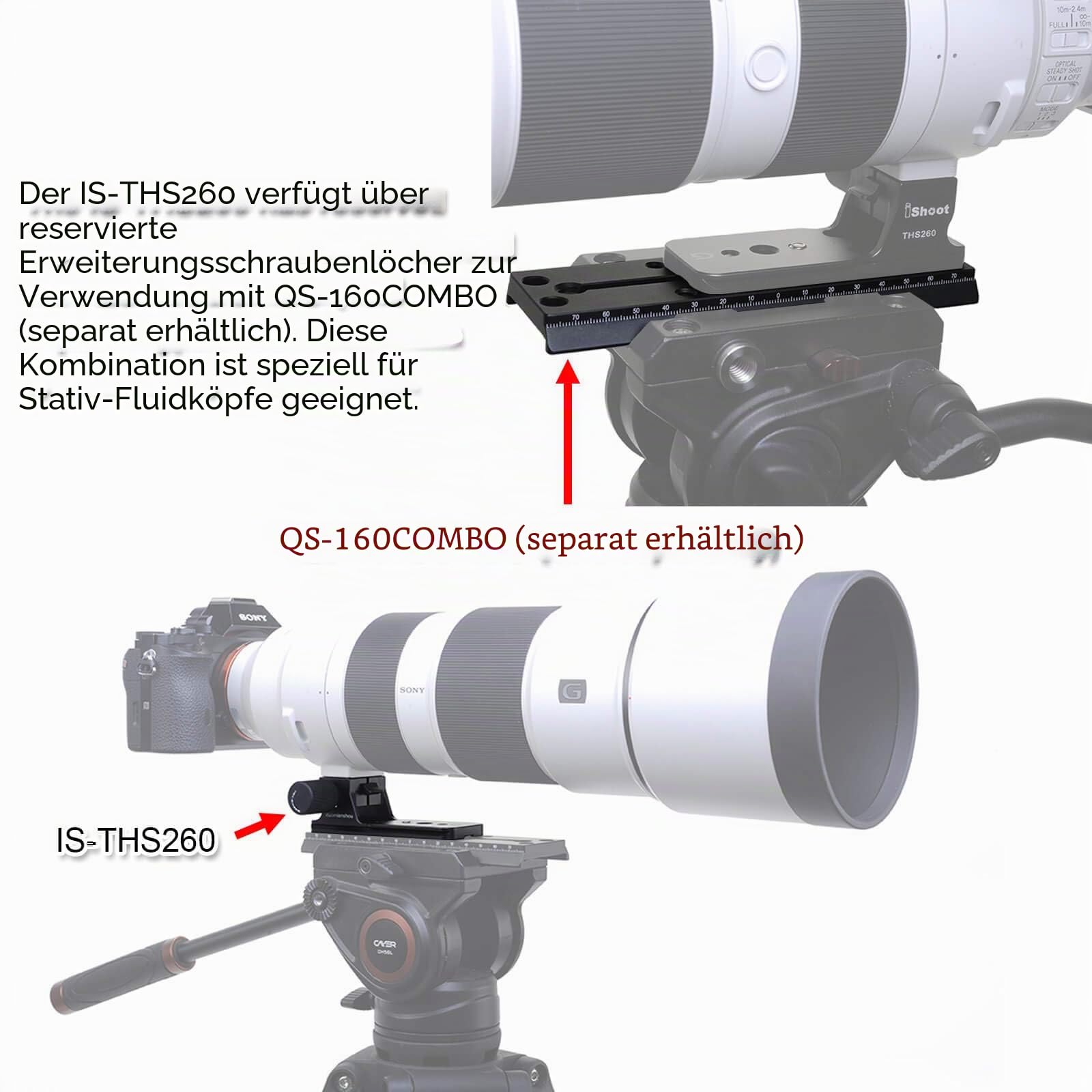iShoot Ersatz-Objektivfuß IS-THS260 für Sony FE 200–600 mm f/5.6–6.3 G OSS Super Telezoom-E-Mount Objektiv SEL200600G – Arca-Swiss Style – integrierte 105 mm Länge Schnellwechselplatte