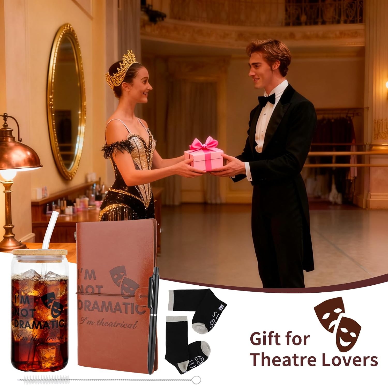 4 Pcs Theater Gift Set – 16 oz Tumblers, Leather Notebook, Pen & Socks Musical Actor Broadway Ideal for Theater Lovers, Drama Students Performers Directors Gifts for Graduation - Image 7