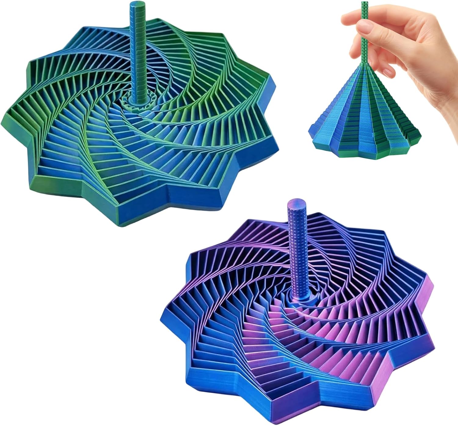 2Pcs 3D Printed Expanded Sensory Fidget Star, Expandable 4.3 Inch Fractal Fidget Hexagon Whirling Spiral Star, Stress-Relief Spinning Tower Toy with Handles (Blue-Purple + Blue-Green)