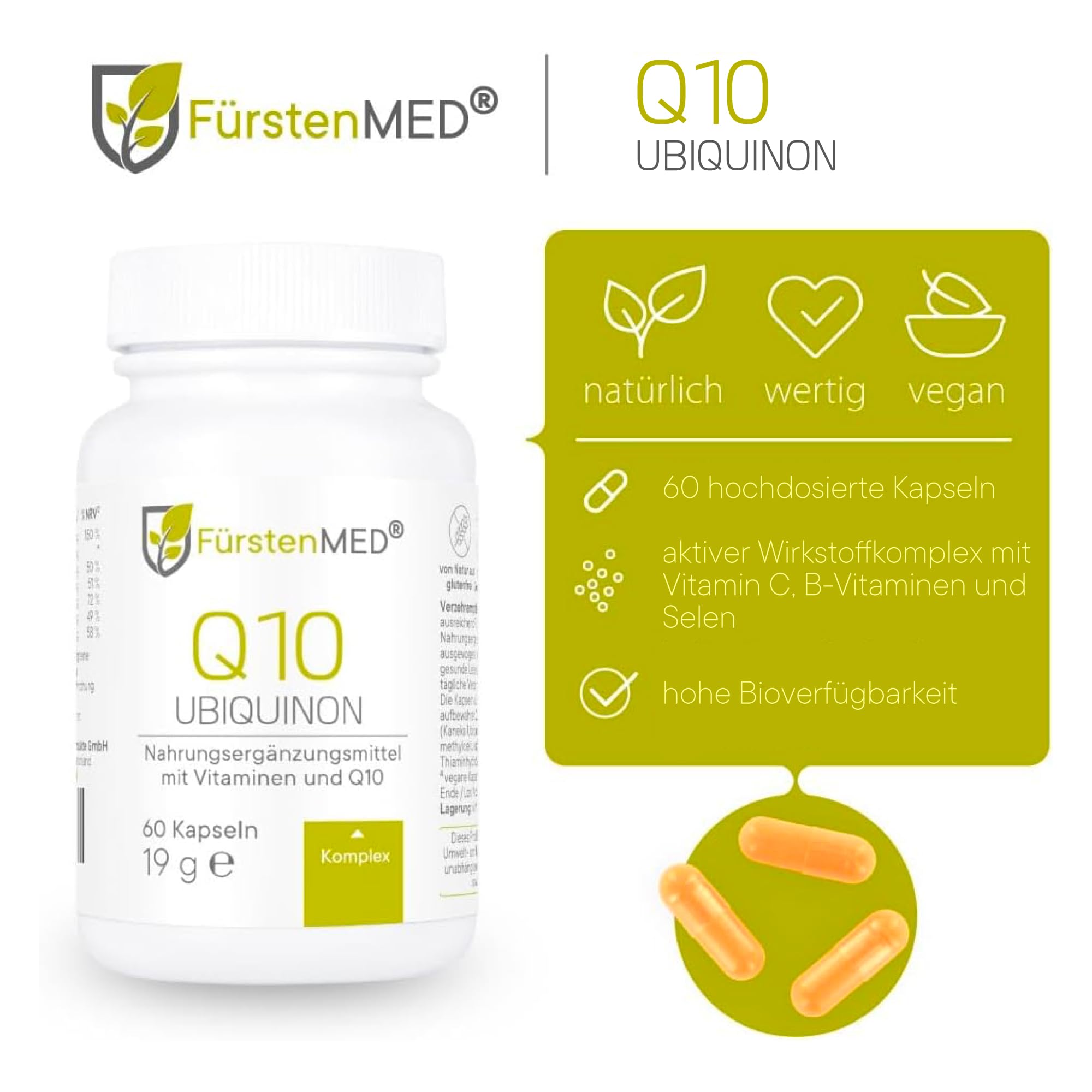 FürstenMED® Coenzym Q10 Ubiquinon Kapseln + Vitamin B1, B6, B12, Selen, Biotin und Vitamin C - 60 Q10 Kapseln Ubichonon mit 100mg Coenzym - Hochdosiert Vegan & ohne Zusatzstoffe