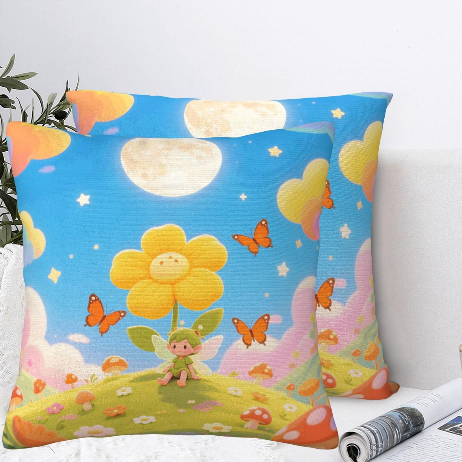 BTCOWZRV Orange Butterfly Moon Flower Plush Throw Pillow Covers 18"X18",Soft Cozy Couch Cushion Covers Decorative Pillow Cases for Holiday Home Bedroom Sofa Decors