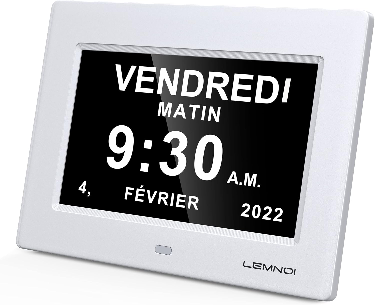LEMNOI 7-inch LCD Digital Calendar Clock showing language support for English, French, German, Italian, Spanish, Polish, Dutch, and Welsh flags