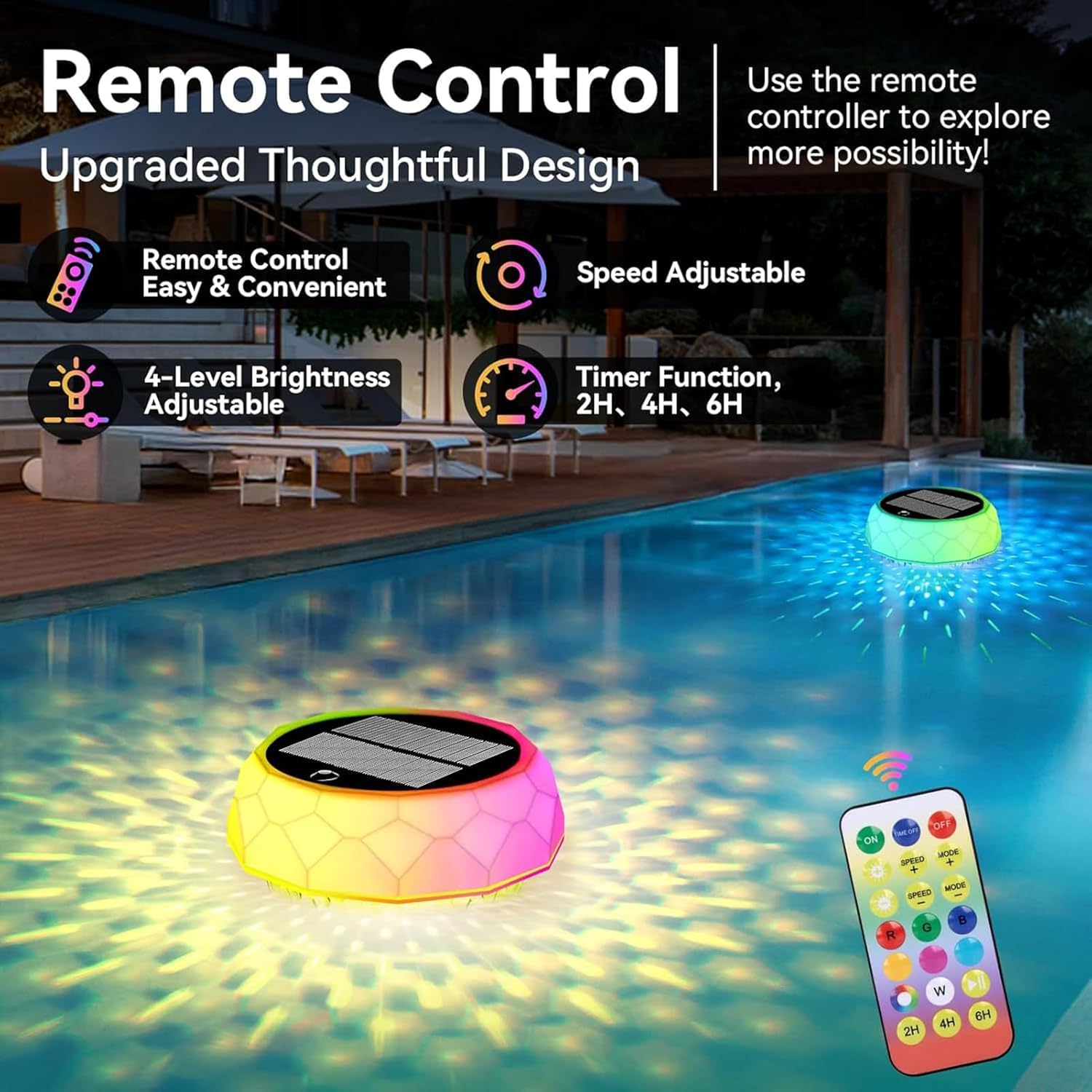 yowin Poolbeleuchtung Solar, LED Pool Licht Schwimmend mit Fernbedienung, Timer, 3 Modi, IP68 Wasserdicht Pool Lichter Unterwasser Solar für Whirlpool Teichs SPA Garten Balkon Außen Deko