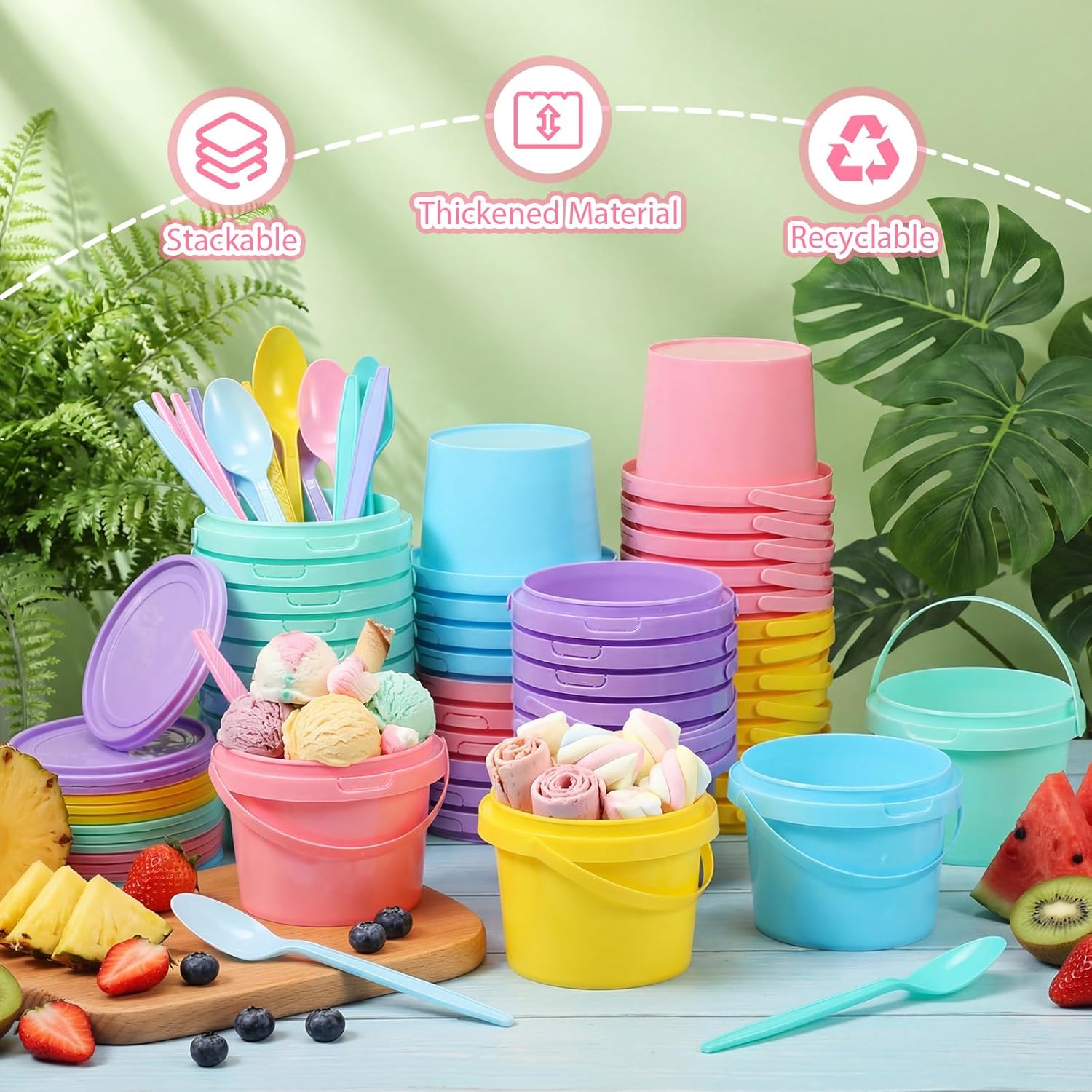 Ceenna 50 Pcs 10oz Ice Cream Bucket with Spoons Lids Handles Reusable Round Plastic Dessert Bucket Food Storage Container Multipurpose Pails Soup Cup for Deli Fruit Beverage Party Supplies, 5 Pastel
