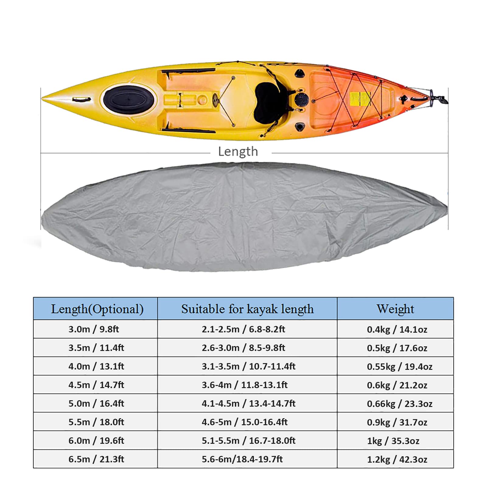 AMGJ Copertura per Kayak in Tessuto Oxford 420D Telo Copri Protezione per Canoa Impermeabile Protezione dai Raggi UV(Grigio),Fit 2.1m to 2.5m Kayak