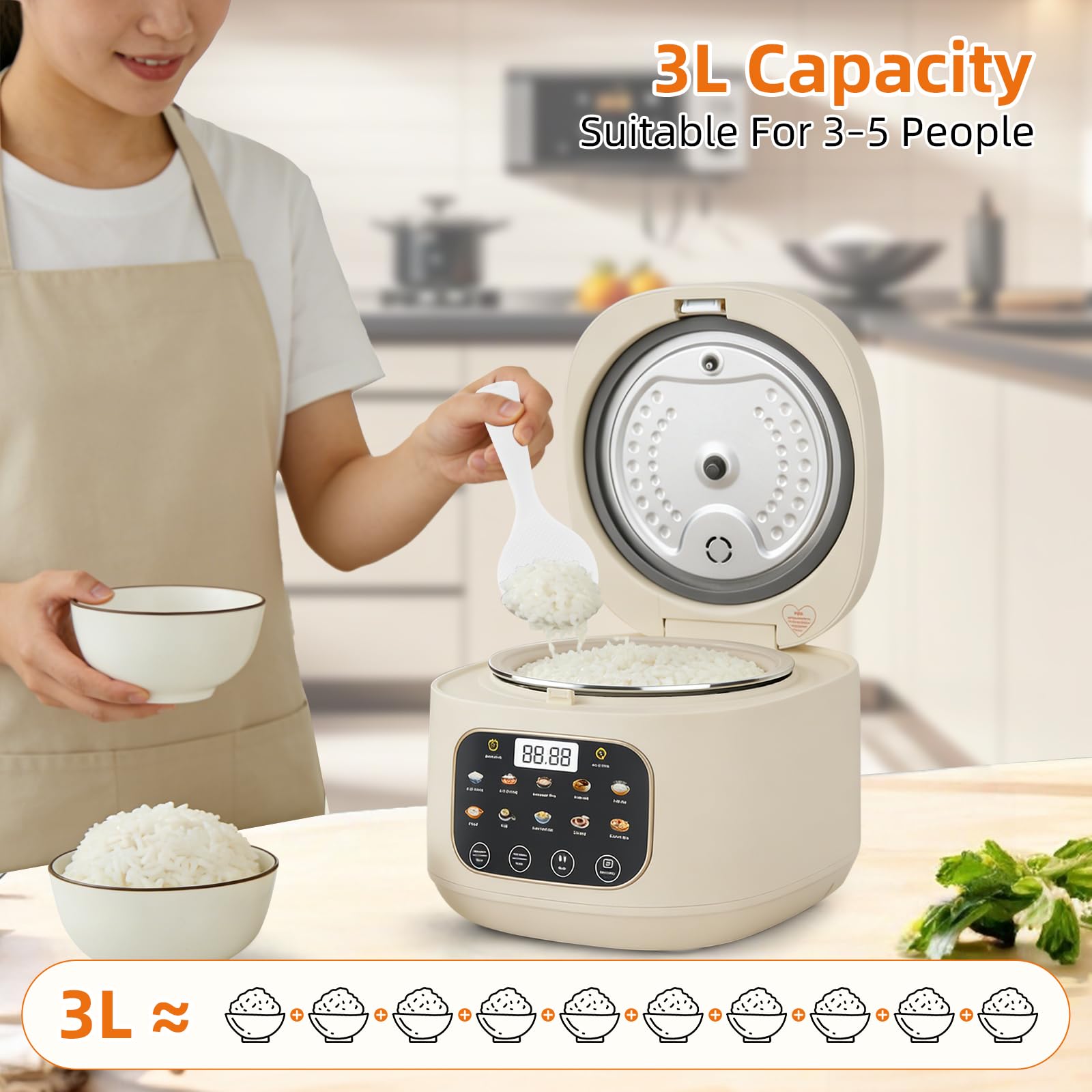 Arrocera eléctrica 3L, Bajo azúcar 10 funciones, Cocción vapor | Olla arrocera multifunción para 3-5 personas con bajo azúcar, vapor, recipiente antiadherente y cesta inox sin BPA