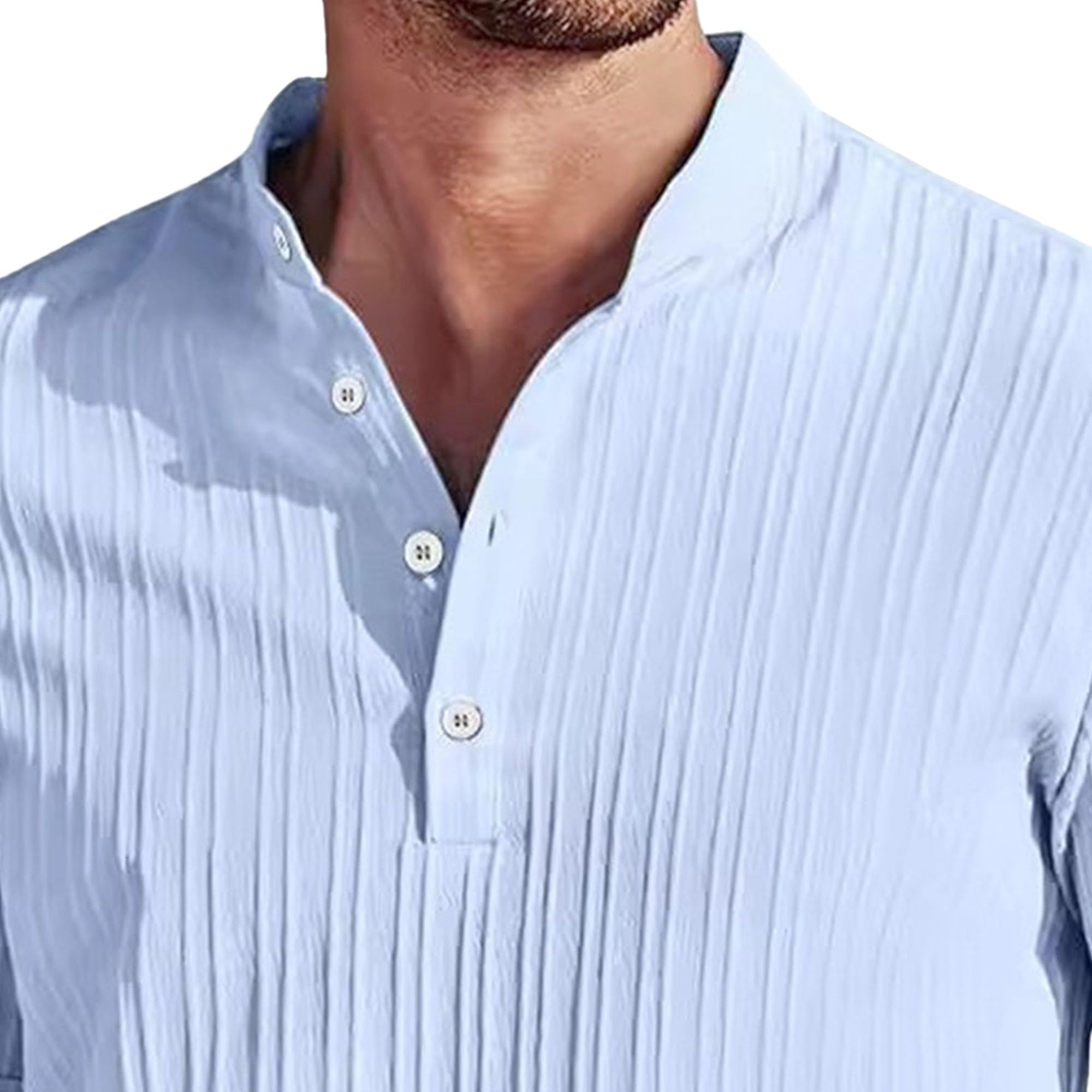 Men Retro Cotton Linen Striped Henry Shirt Classic Cozy Casual Loose Shirts Summer Quarter Button Leisure Pullover (Light Blue,Small)