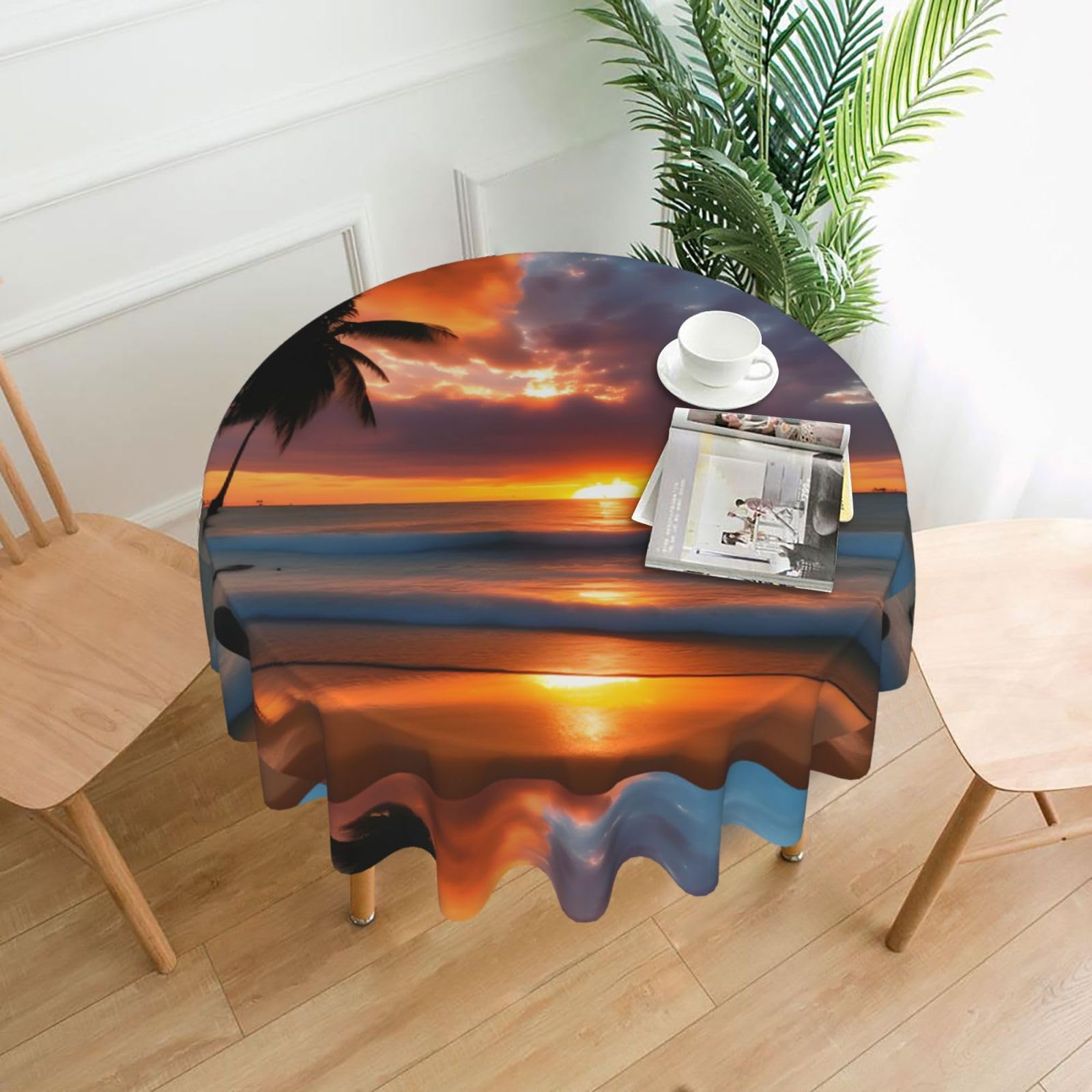Nbtghga Sunset Beach Print Tablecloth Round Border Table Cloth Cover Decorative For Party Holiday Dinning Tabletop Home