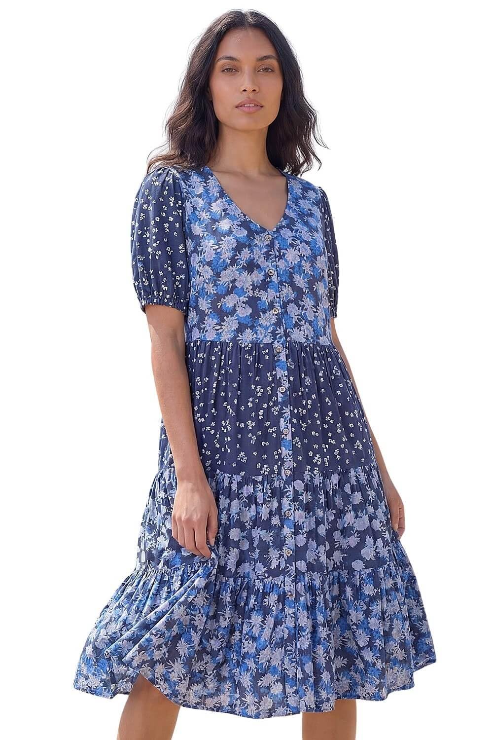 Roman Originals Women's Navy Smock Dress For Uk Cotton Summer Embroidered Frilled Tiered Casual Beach Cruise Holiday Cocktail Party 3/4 Sleeve Pull On Gathered Skirt
